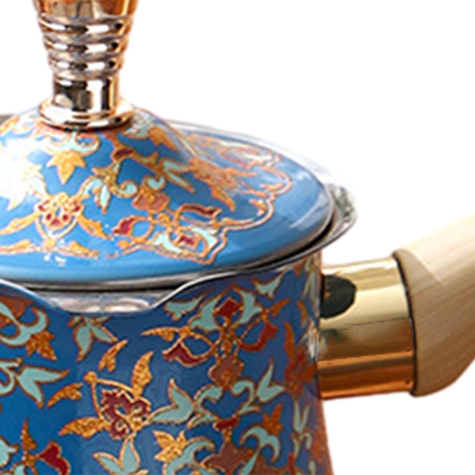 Edelstahl Induktionskanne Mokkakanne Türkische Kaffeekanne, Gießkanne mit Deckel und Ausguss, hitzebeständig, Türkische Kaffeekanne für Zuhause, Café, Restaurant, Camping, Blau Muster 550 ML