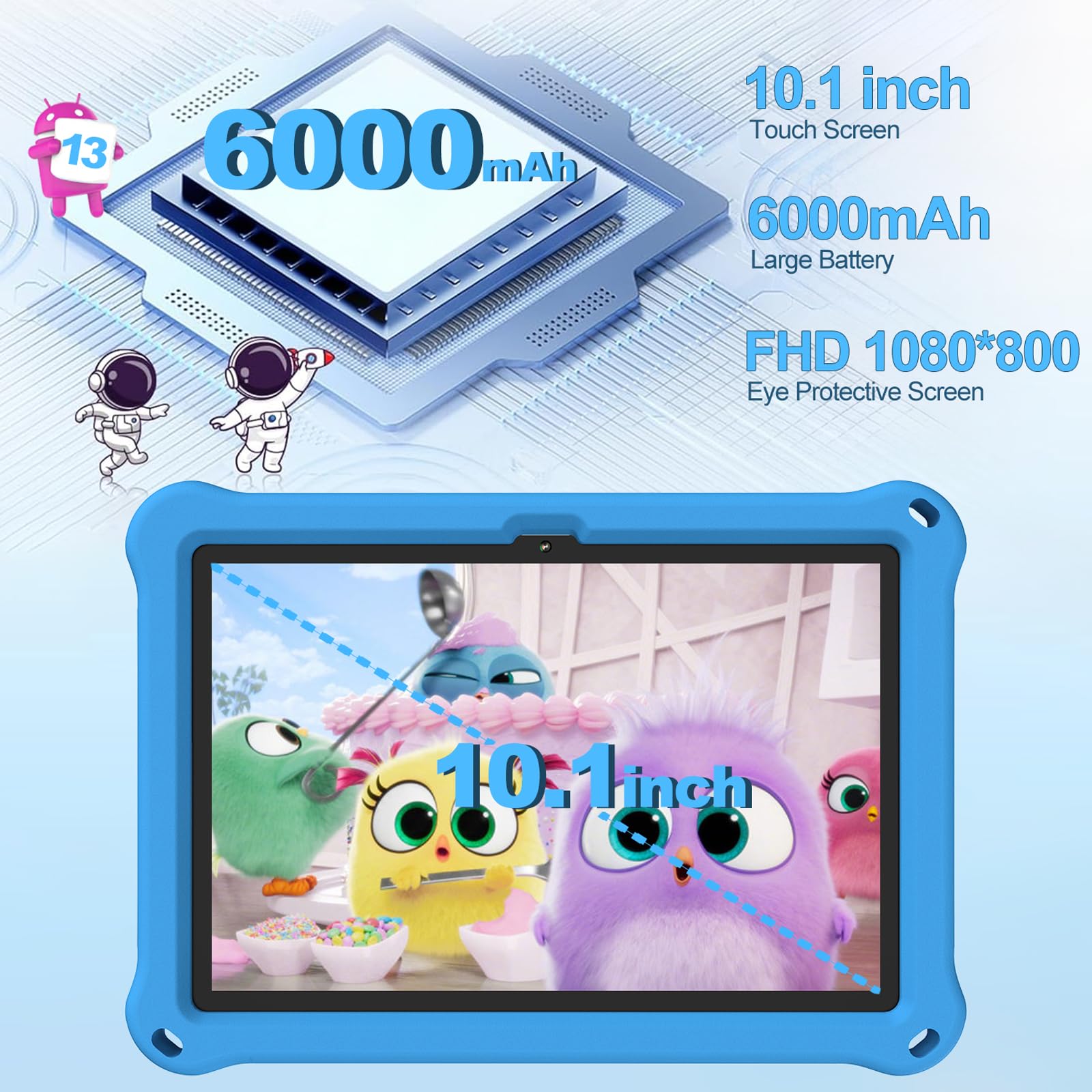 Tableta para Niños de 10.1 Pulgadas,Tabletas Android 13 con Funda Protectora, 8+128GB,Pantalla IPS 1280 * 800,Cámara Dual 2MP+5MP,6000mAh,Tableta Aprendizaje con Control Parental e iWawa,Azul