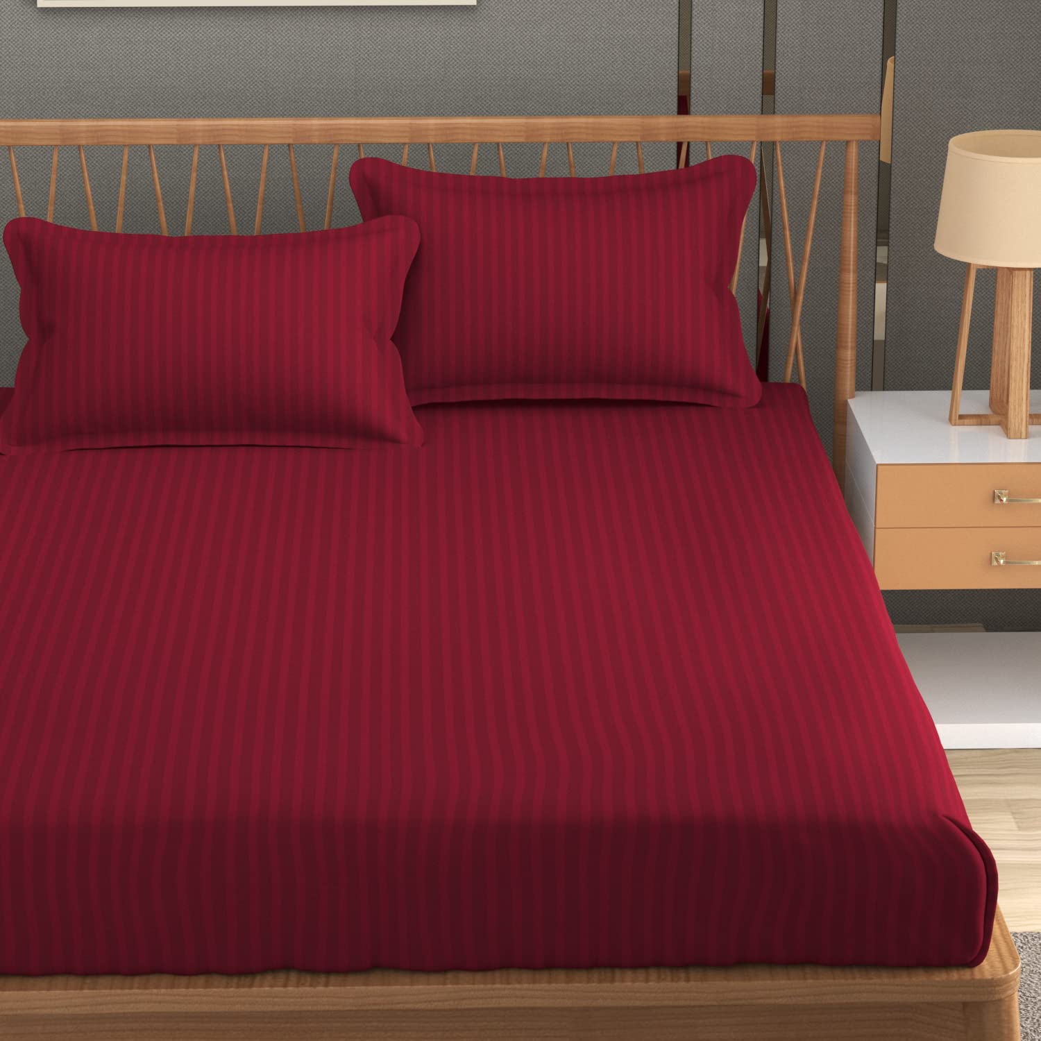Homefab India 160 TC Stripe Glace Cotton Double BedSheet with 2 Pillow Covers - (90x90 inches) - Maroon