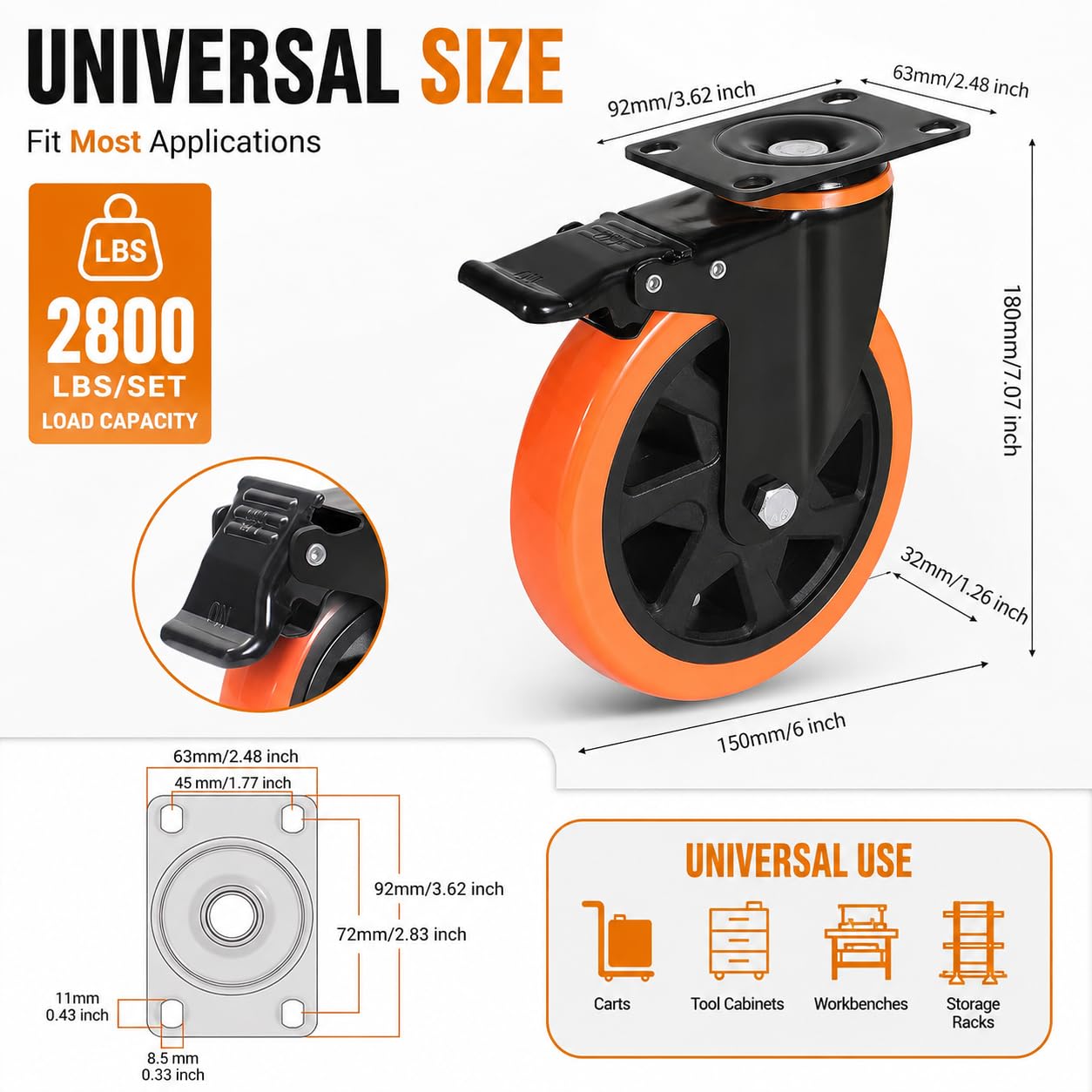 15,2 cm Lenkrollen, 1360,8 kg, robuste Rollen 4er-Set mit Bremse, Sicherheits-Doppelplattenverriegelung, industrielle Rollen, leise Räder für Wagen mit PU-Schaumstoff (zwei Hardware-Kits enthalten)
