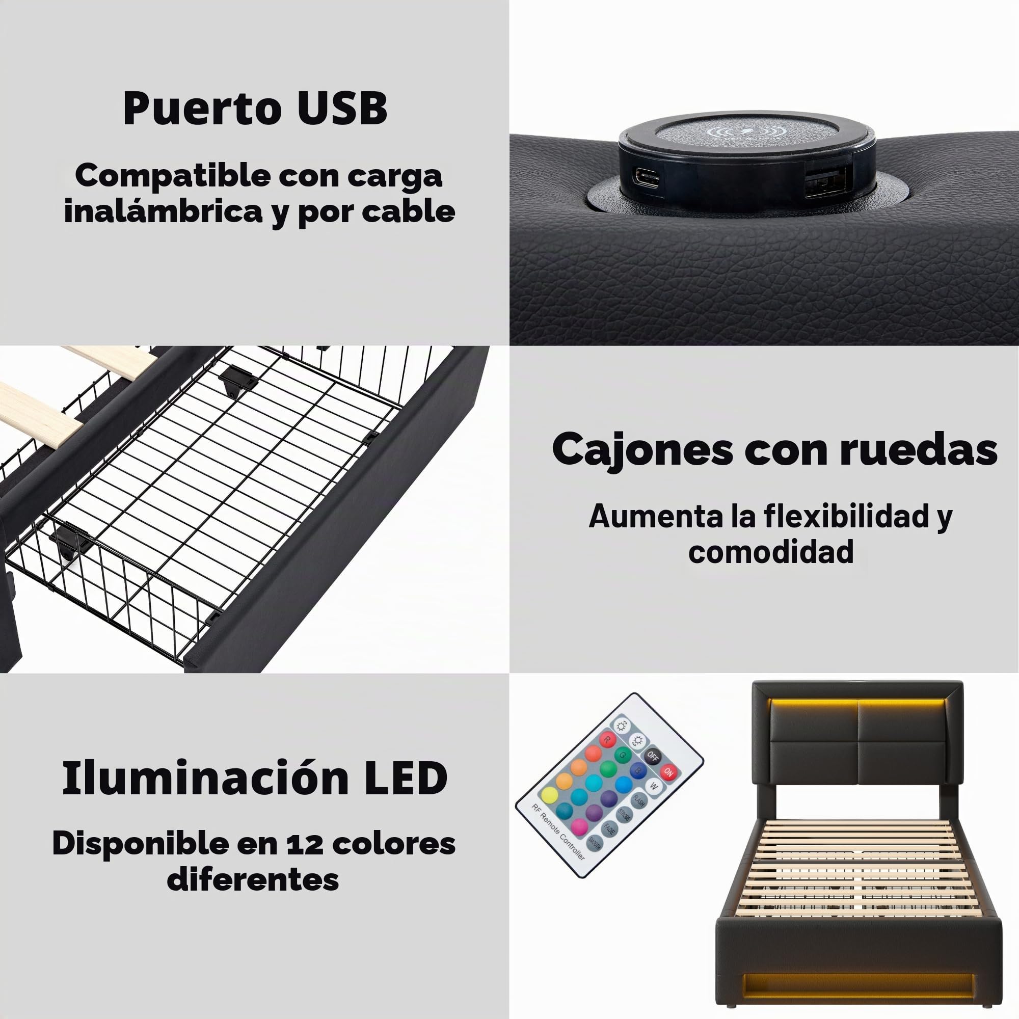 Cama 90 x 190 cm con LED y USB (soporta inalámbrica), cama tapizada de 90 x 190 cm con 4 cajones y cabecero, cama individual con somier, cama de almacenamiento, cama juvenil moderna estructura de