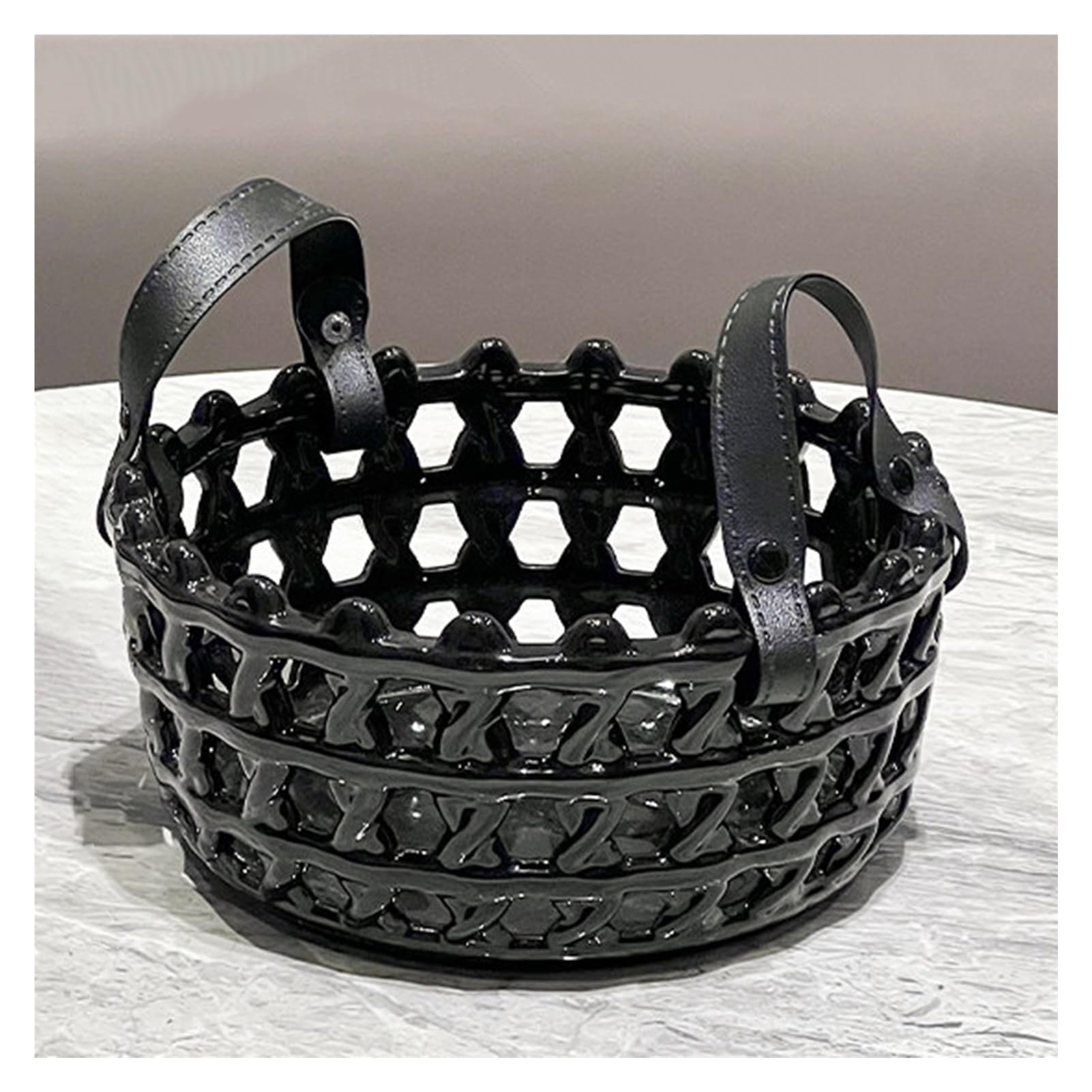 XCSDEW Ceramic Fruit Basket,Openwork Snack Tray,Nut Storage Box,Leather Handle,Suitable for Living Room Coffee Table(Black)