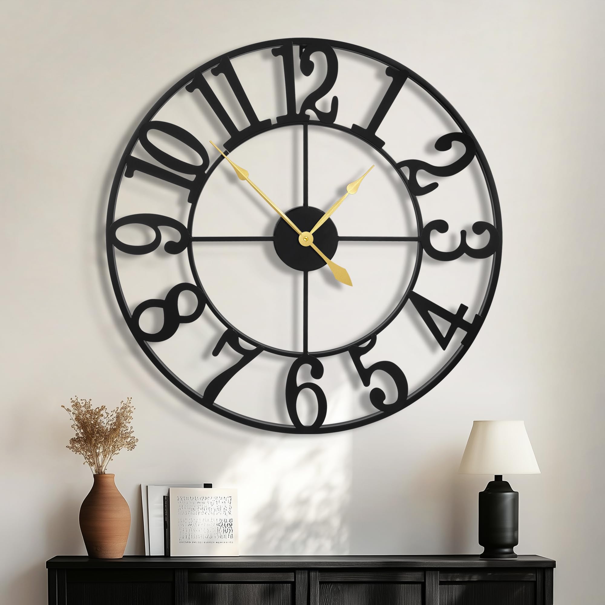 HAITANG Modern Large Wall Clocks for Living Room, 60cm / 24" Round Black Metal Silent Non Ticking Battery Operated Arabic Numerals Clock for Farmhouse, Bedroom,Kitchen,Office,Classroom Home Decor