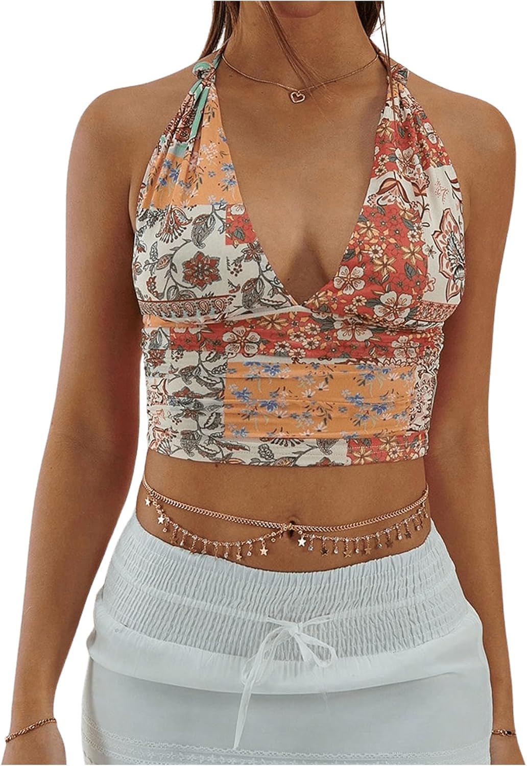 Milumia Women's Retro Floral Halter Top Boho Low Cut Crop Tank Tops