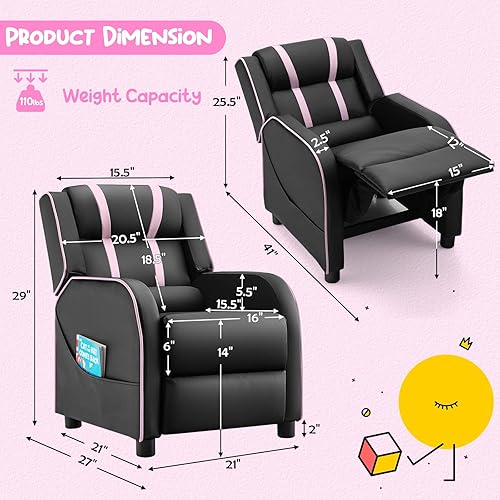 Miniatura 3 de Costzon Silla reclinable para niños, silla reclinable para juegos con bolsillos laterales, reposapiés, reposacabezas y soporte lumbar para rosado,