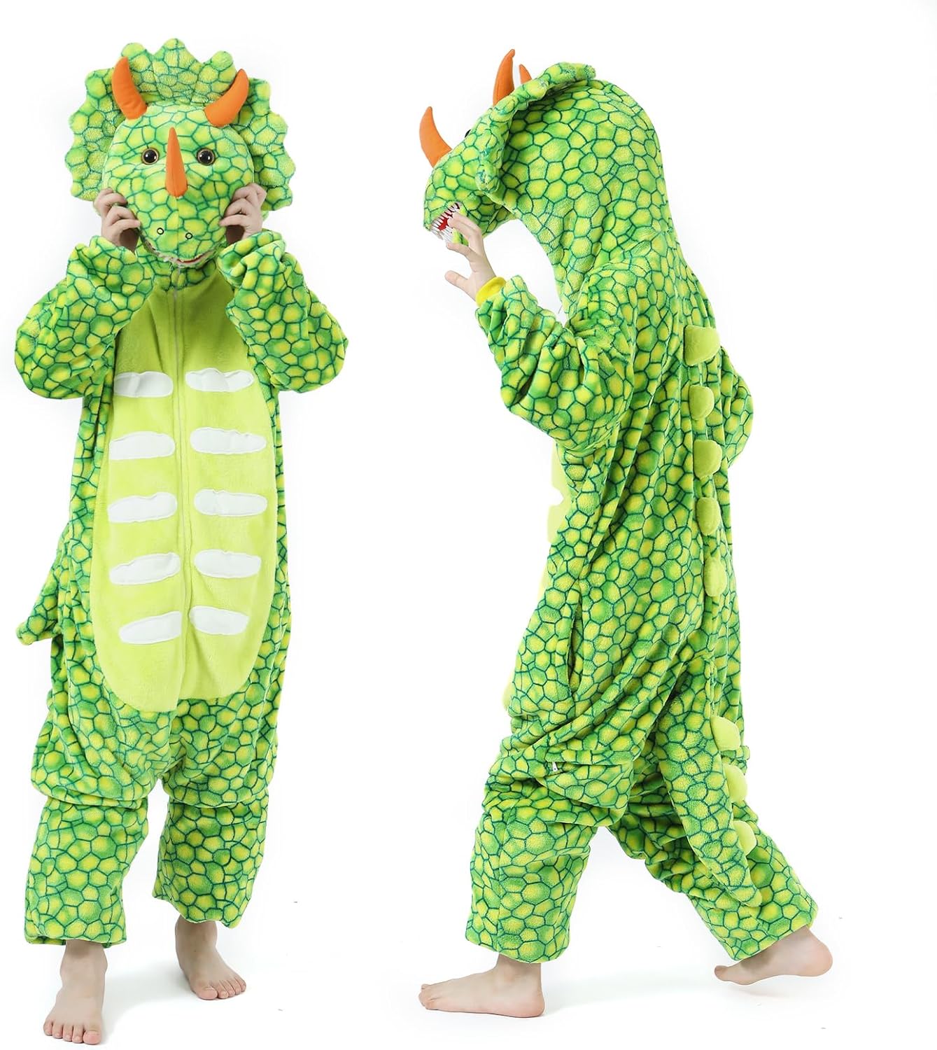 Kids Dinosaur Onesie Costume for Boys and Girls Green Triceratops Costume for Halloween Dress-up Party Cosplay(4-14Y)