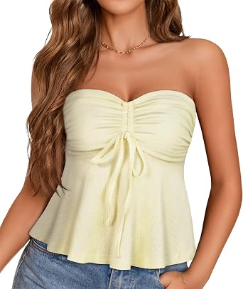 Tube Tops for Women Strapless Tie Front Ruched Tops Peplum Flared Hem Casual Bandeau Top