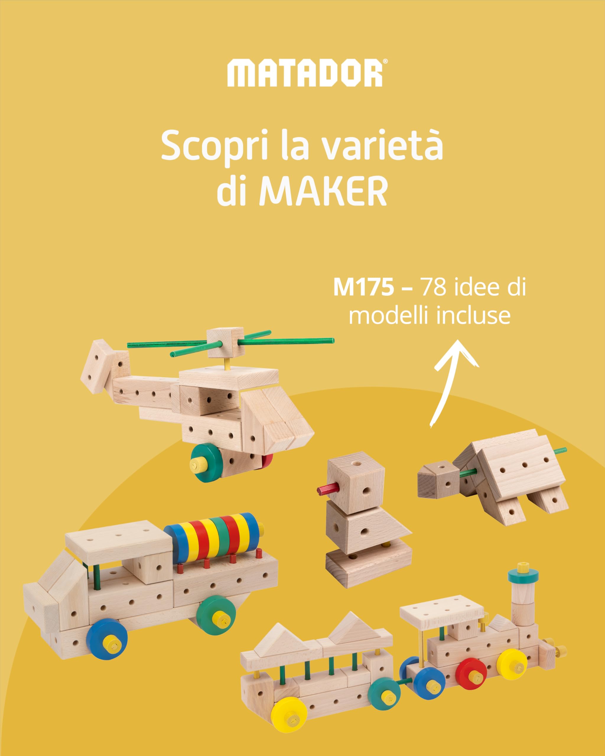 Matador Set di Costruzioni per Bambini da 3 Anni – 175 Pezzi | Gioco di Costruzioni in Legno coinvolgente per sviluppare creatività e motricità fine, con aste, Blocchi, Martello e Pinza