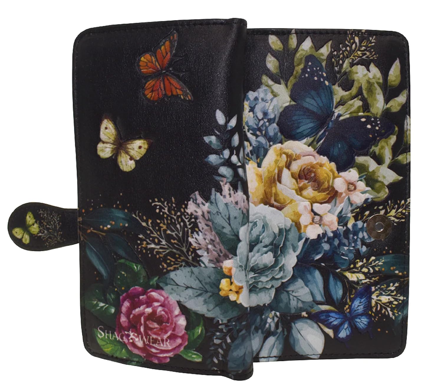 Shag Wear Floral Butterflies Wallet for Women – Vegan Faux Leather Purse with Butterfly and Flower Design, Nature Theme, Magnetic Snap Closure, Card