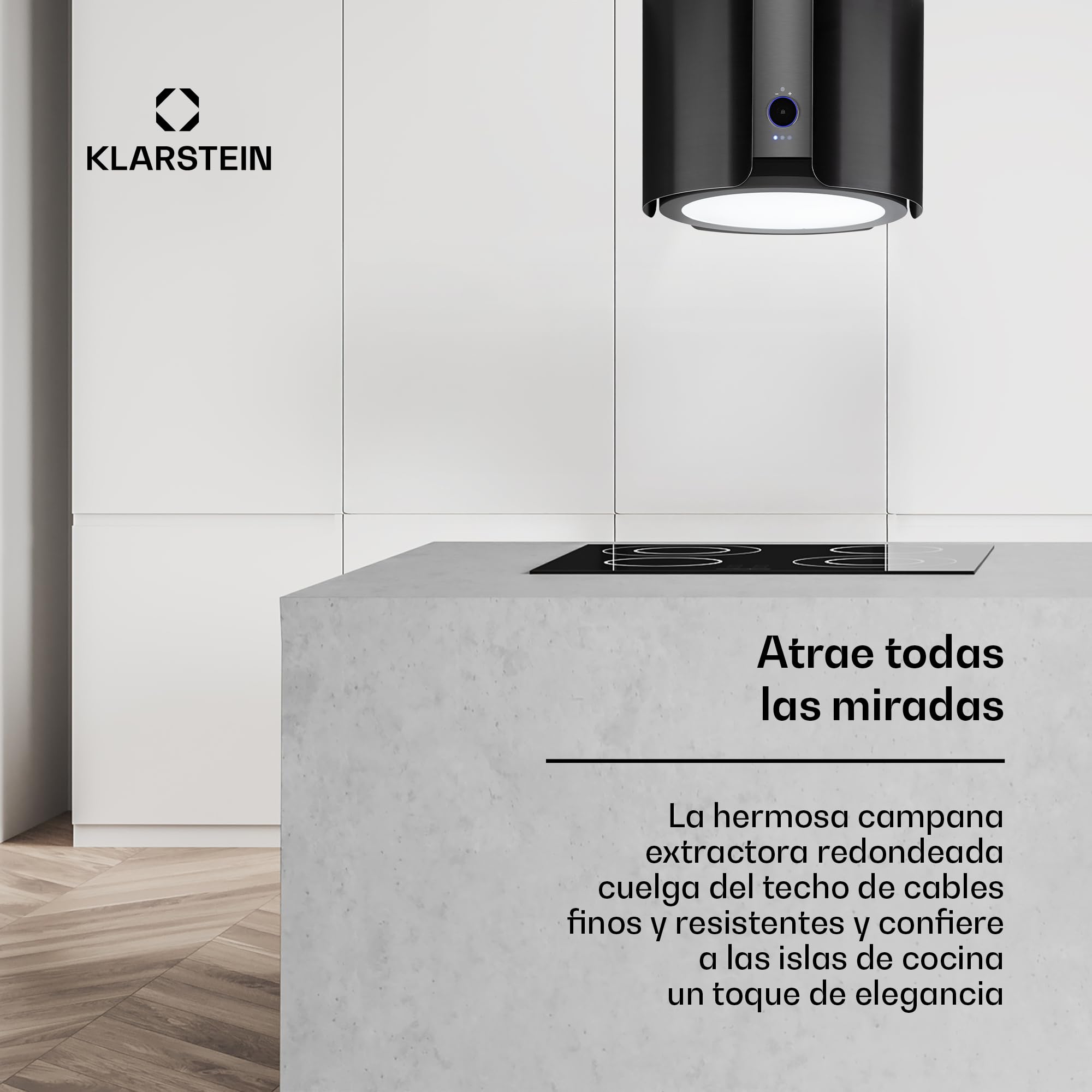 Klarstein Skyfall Smart – Extractor de humo tipo isla, campana aislada, control por aplicación móvil, 45 x 42 cm (ØxB), ventilación y extracción, 3 niveles, 402 m³/h iluminación LED, clase C, negro