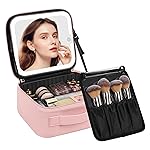 Chomeiu Makeup Bag with LED Mirror, Cute Cosmetic Bags Birthday Gifts for Girls Women, Makeup Train Case Artists Organizer Large Make Up Bags with Light Up Mirror 3 Color Lights, Pink