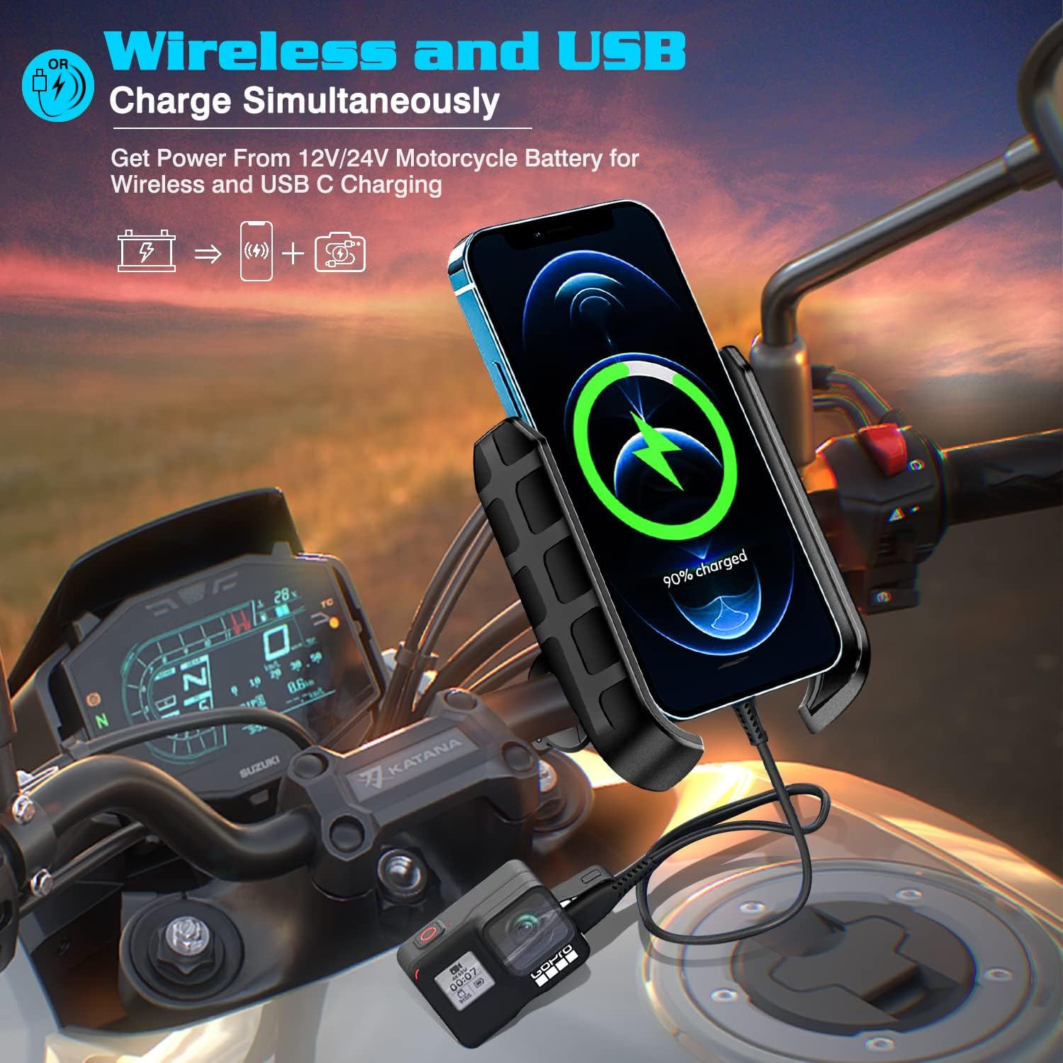 iMESTOU Motorcycle Wireless Phone Mount Charger QC3.0 USB C Handlebar/Rear-View Mirror Phone Holder Works with 12V/24V Motorcycles or by Plugging to USB A Socket Universal for 4.0-7.0" Cellphones
