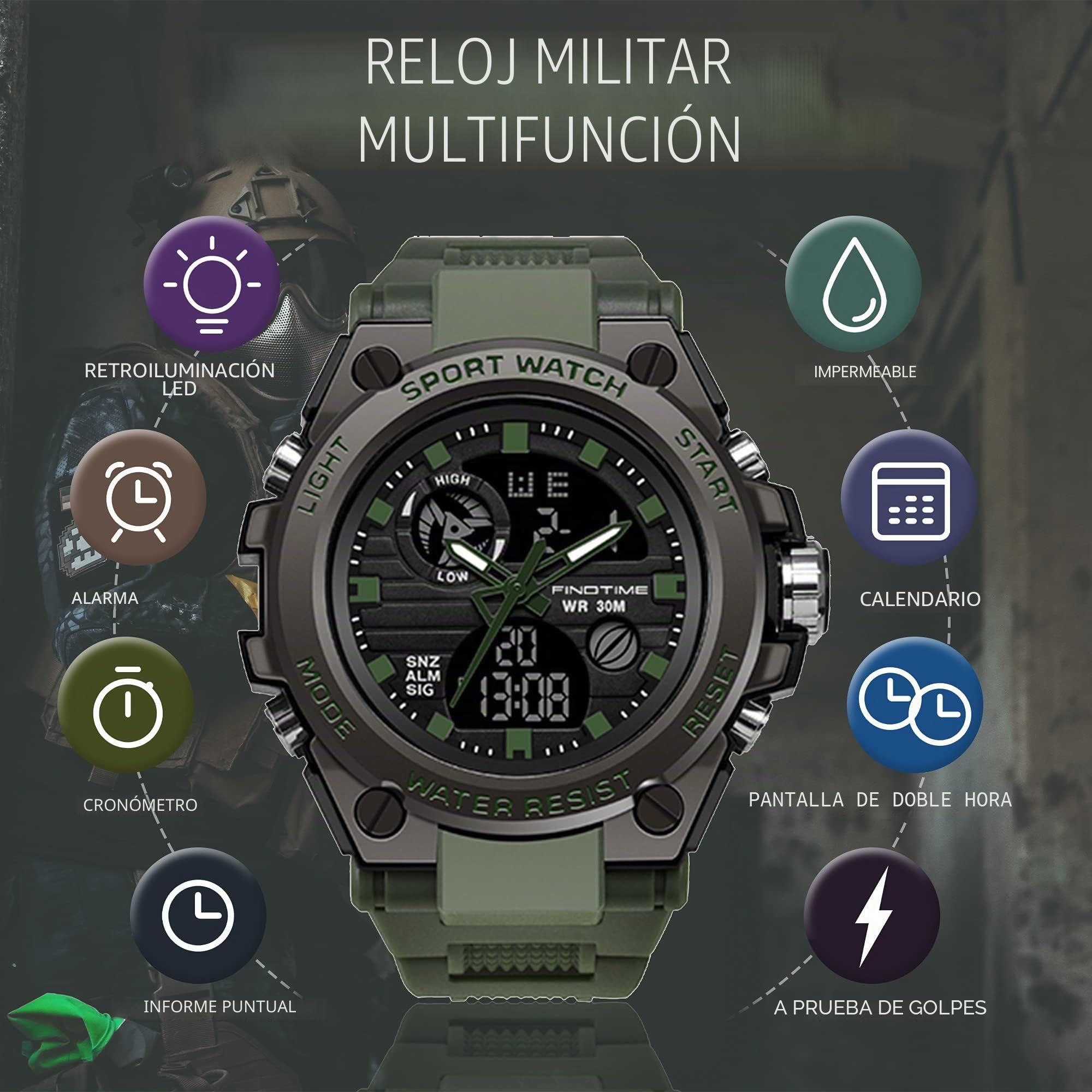 Reloj deportivo digital militar para hombre, resistente al agua hasta 50 m | con cronómetro, alarma, temporizador de cuenta atrás y pantalla de hora dual