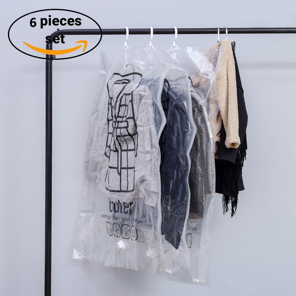 Hanging Vacuum Storage Bags – 6Pcs Vacuum Bags For Space Saving, House Moving and Travel, Including Double-Zip Seal and Triple-Seal Turbo Valve, 80%+ Compression, Works with Any Vacuum Cleaner