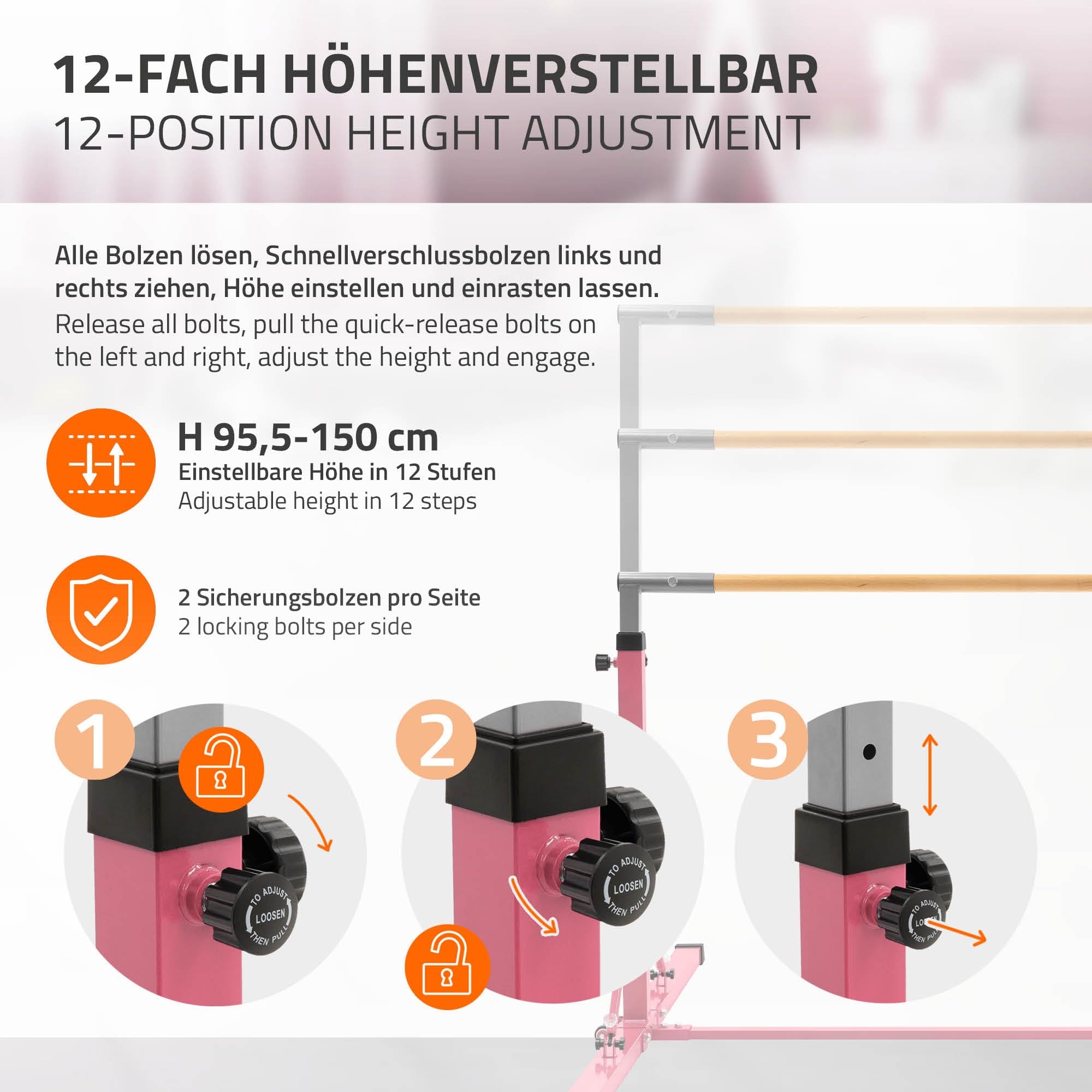 Hauki Gymnastik Turnreck, Gymnastikstange faltbar, Kinder Gymnastics Bar, Reckstange höhenverstellbar 95,5-150 cm, Turnstange aus Holz/Stahl, Trainingsgeräte Indoor/Outdoor, Übungsstange, Heimtraining