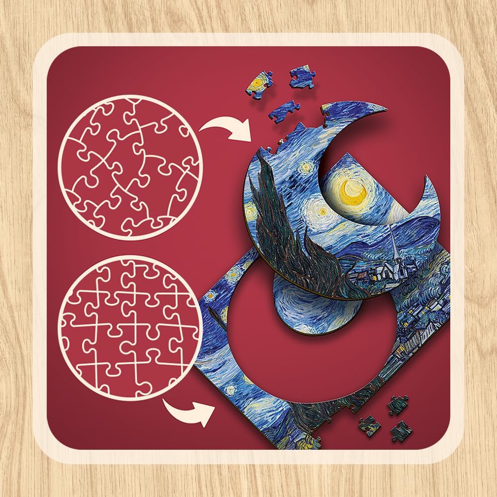 Trefl The Starry Night - Vincent Van Gogh 200 Jigsaw Puzzle Wood Craft Irregular Shapes, 5 Special Puzzles, Famous Paintings and Artists, Creative Fun for Adults and Children from 9 Years Old