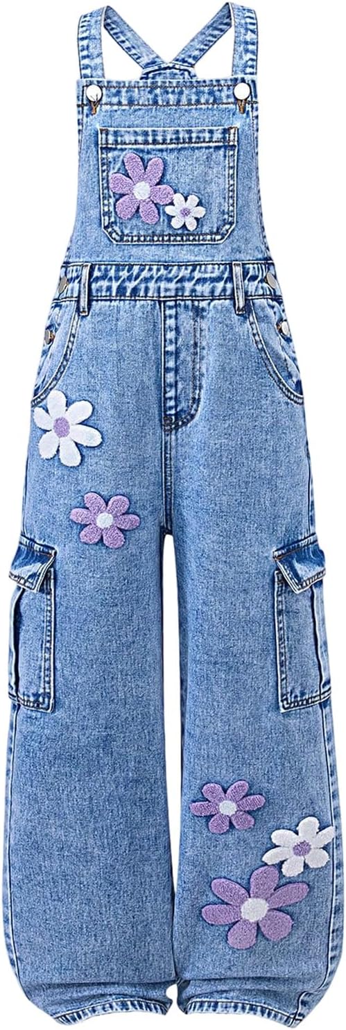 WDIRARA Girl's Floral Denim Overalls Sleeveless Straight Leg Jumpsuit Bib Overall with Pockets