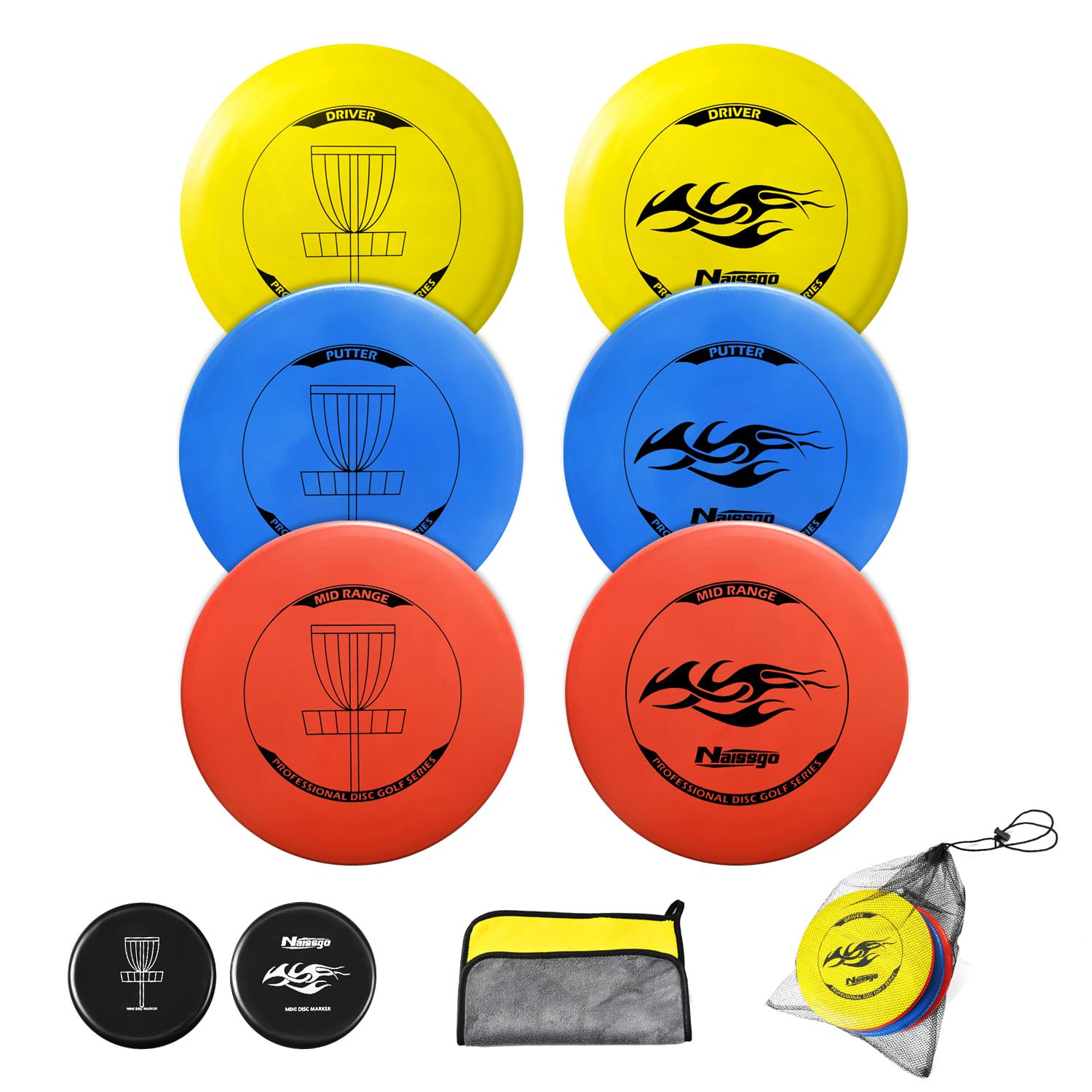 Ensemble de 6 disques de disc golf, set de disc golf professionnel, putter, mid-range, driver, disque de disc golf de taille régulière pour adultes et enfants Naissgo Ensemble de 6 disques de