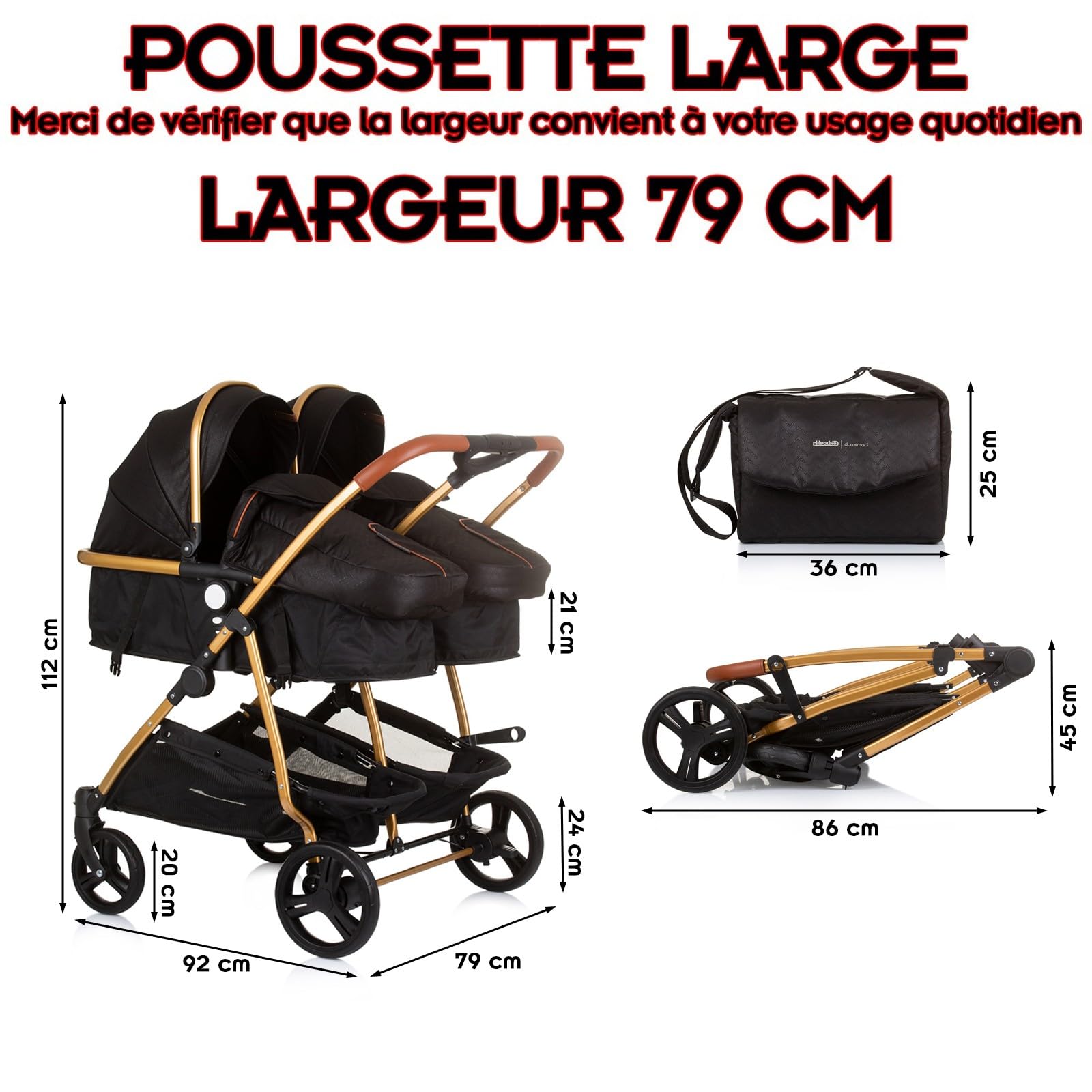 DUO SMART Poussette jumeaux ou enfants rapprochés largeur 79 cm Noir sans cosy
