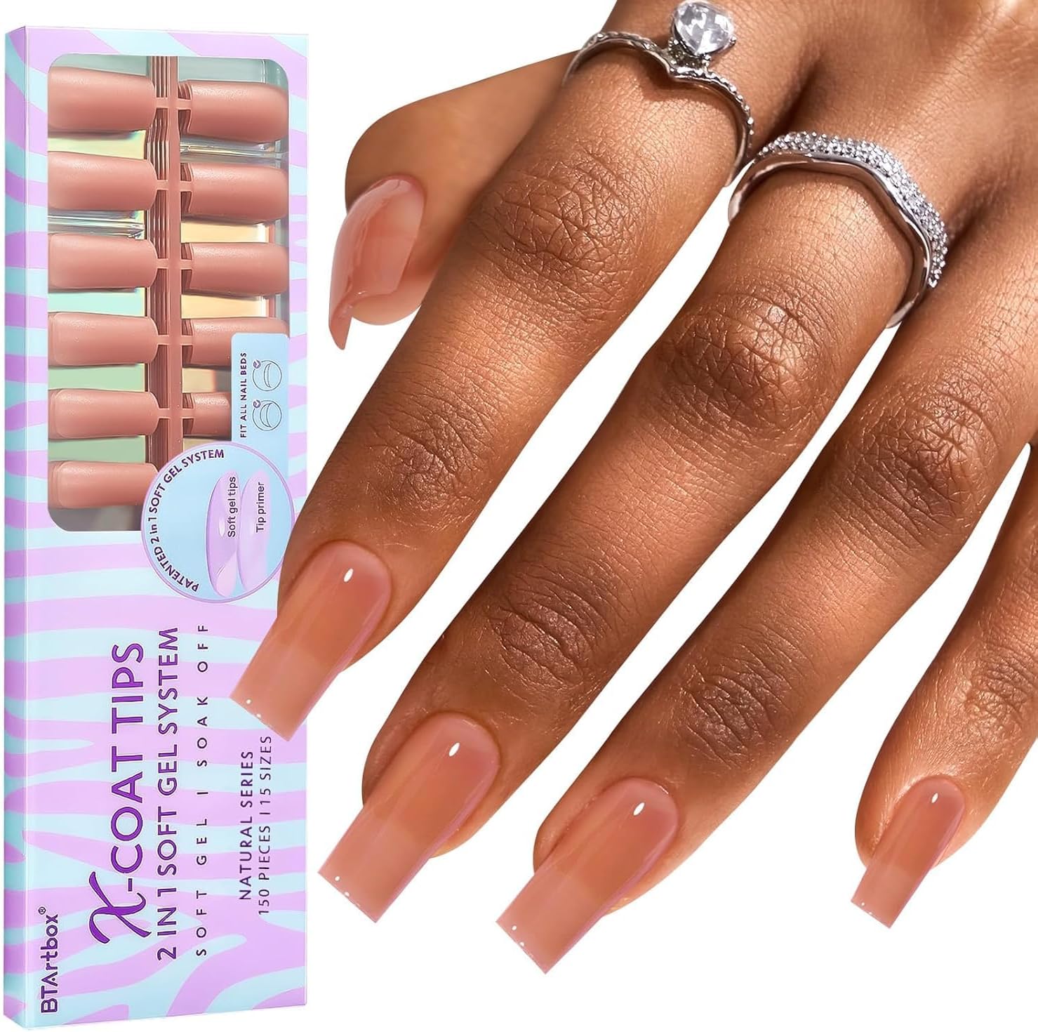 BTArtboxs XCOATTIPS Brown Press On Nails, Soft Gel, Long Square, 160 Pcs