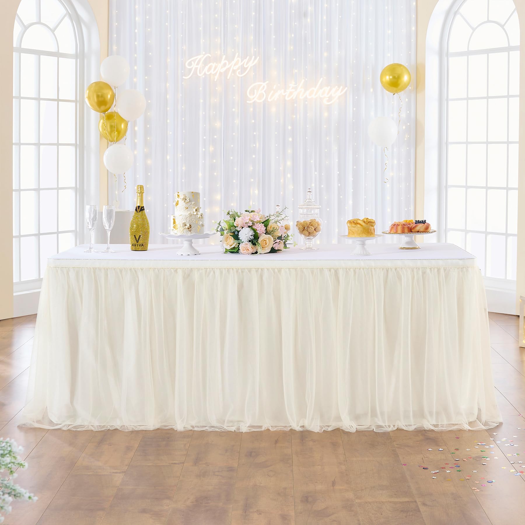 NSSONBEN Gonna da tavolo in tulle avorio per tavoli rotondi rettangolari 275×76cm