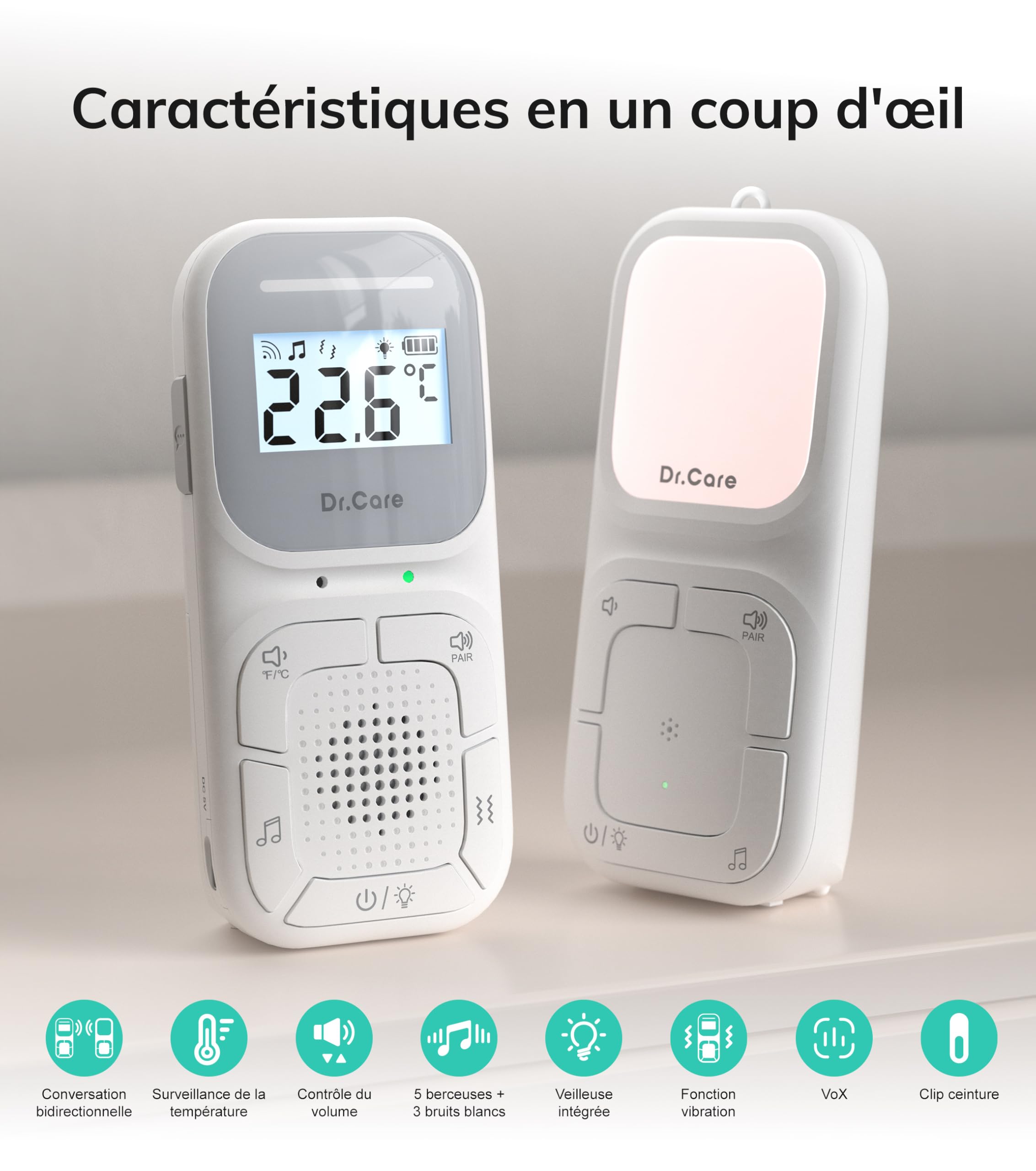 Dr.Care Neo Go Moniteur Audio Portable pour Bébé & Machine à Sons | Aide Sommeil, 300m Portée, Batterie Jour & Nuit, Clip Portable, VOX, Veilleuse, 8 Berceuses