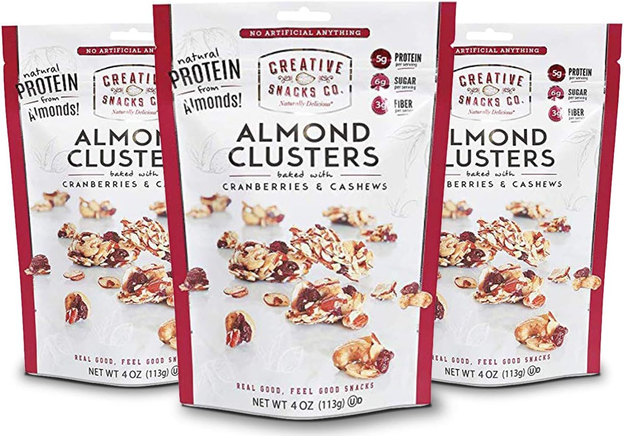 Creative Snacks Naturally Delicious Almond Clusters with Cranberries and Cashews, 3 Pack, 4 Ounce Resealable Bags