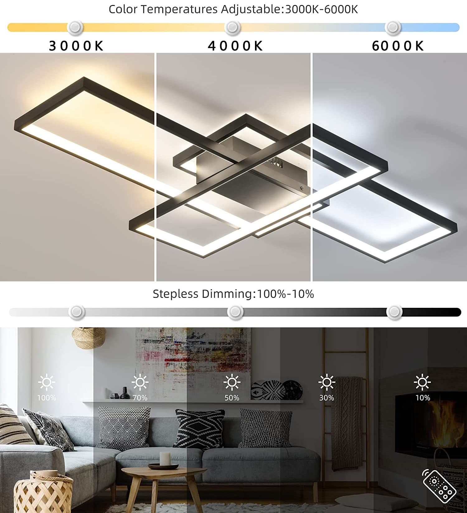 95W LED Lampada da soffitto Plafoniera a LED Soggiorno Dimmerabile con telecomando Soffitto Lamp Moderno Rettangolo Quadrato Designer nero Lampadari per Camera da letto Cucina Sala da pranzo Ufficio
