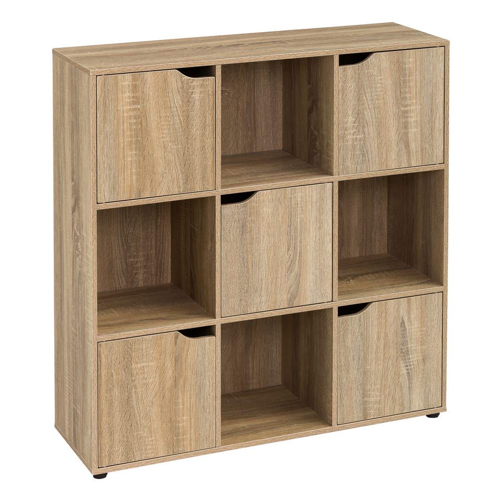 LOLAhome Estantería de Madera, Librería, Estantería Cubo con Puertas y Compartimentos Abiertos, Mueble almacenaje, en Color Natural de 90x29x89 cm para para Estudio,Dormitorio, Salón y Oficina