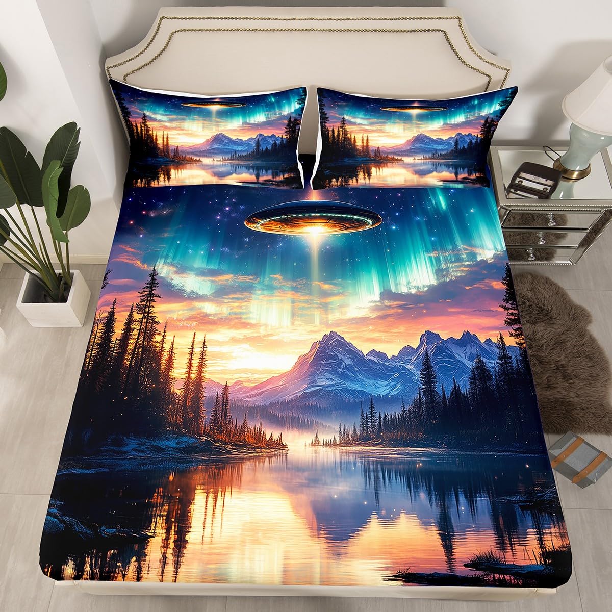 Parure de lit enfant motif galaxie et navette spatiale avec drap housse
