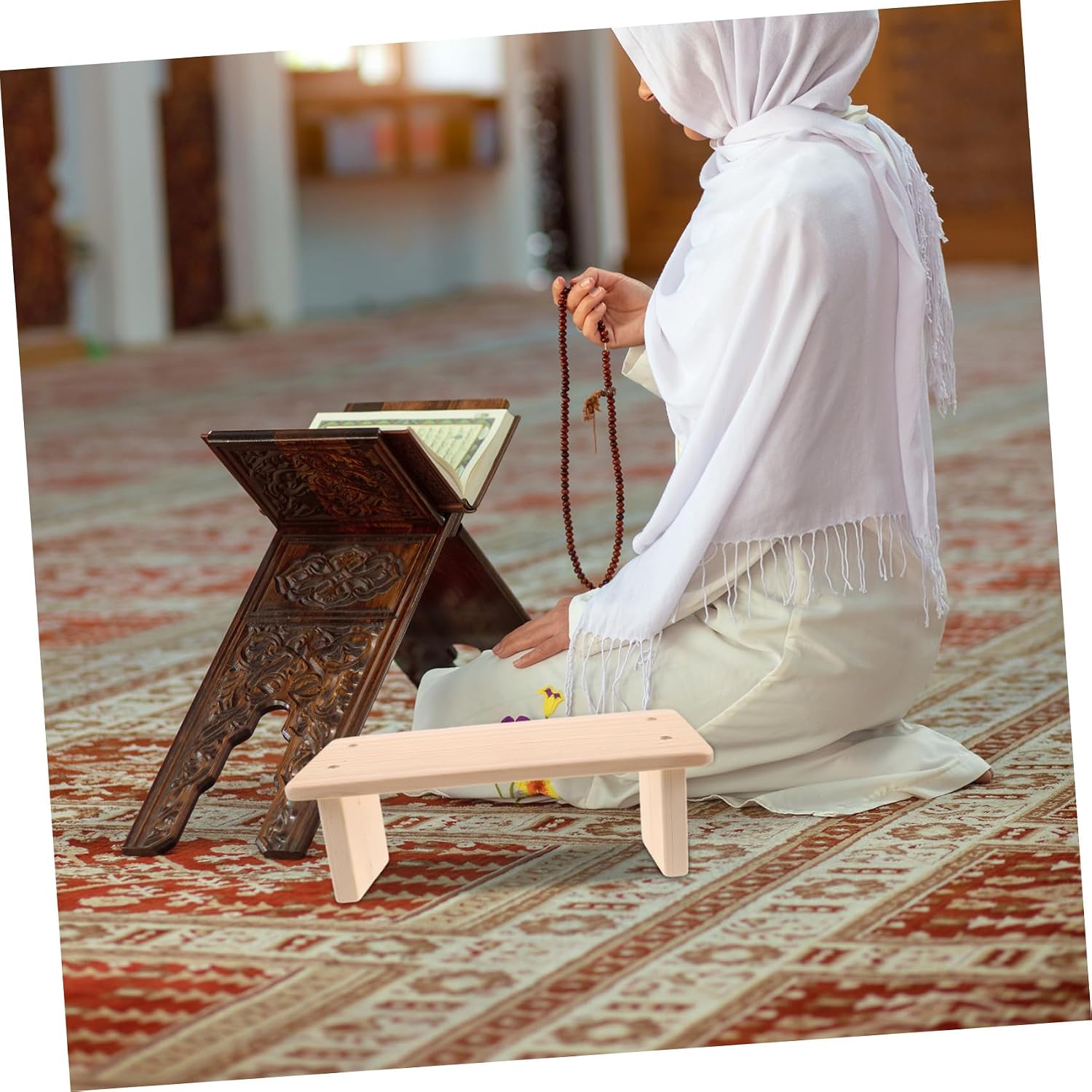 Wooden Prayer Kneeler Bench Stool for Home Meditation | Beige Compact Size, Portable Space-saving Build, Easy-maintenance Surface, Knee Comfort Protection for Worship Areas