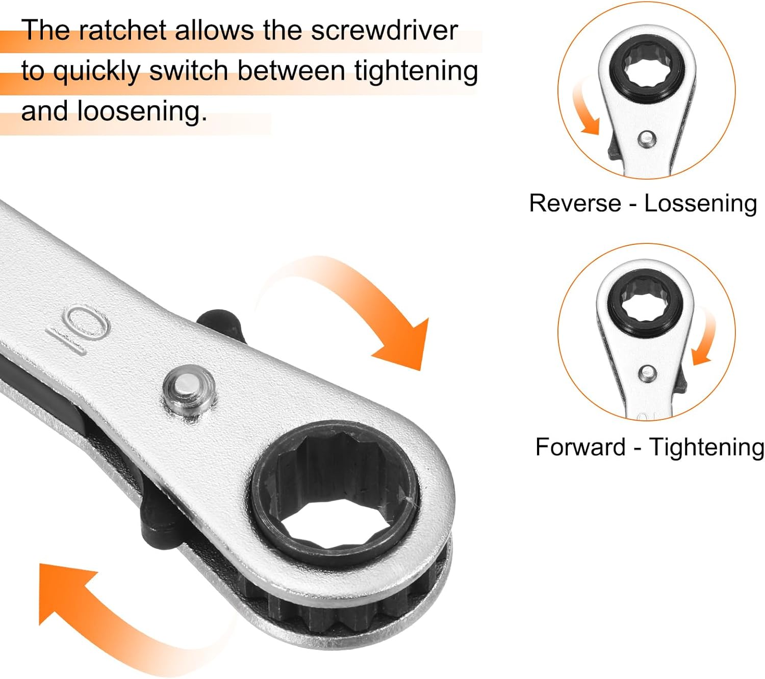 HARFINGTON Double Box End Reversible Ratcheting Wrench 10mm x 12mm CR-V Steel 180 Degrees Metric Double Head 12-Point 24-Teeth Adjustable Ratchet Gear Socket Spanner, Silver Grey