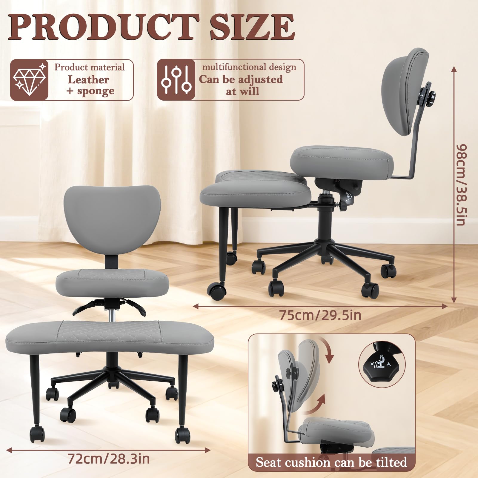 Silla de oficina ergonómica con patas cruzadas, silla de escritorio giratoria de 360° con reposapiés, silla de meditación de altura ajustable, asiento de piel sintética, silla multiposición