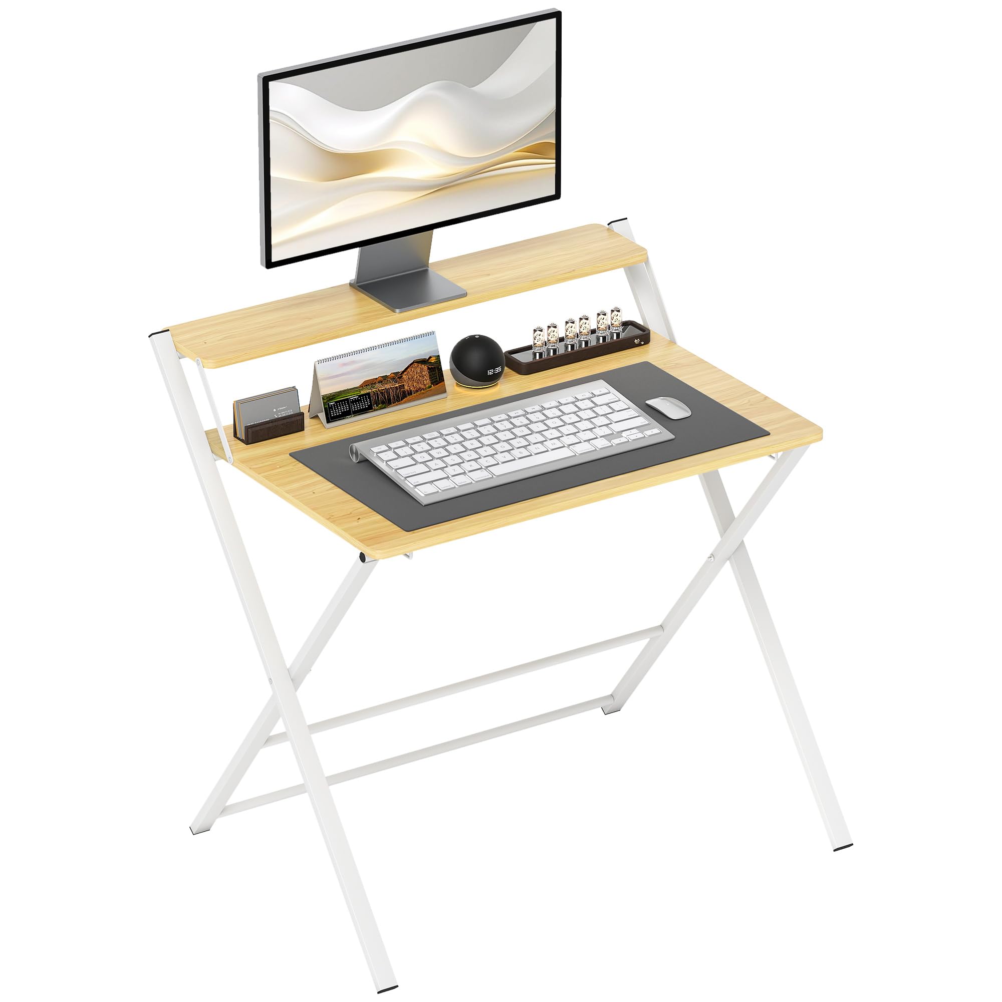 Homcom Folding Desk With 2-Tier Shelf For Home Office Maple Wood-Effect
