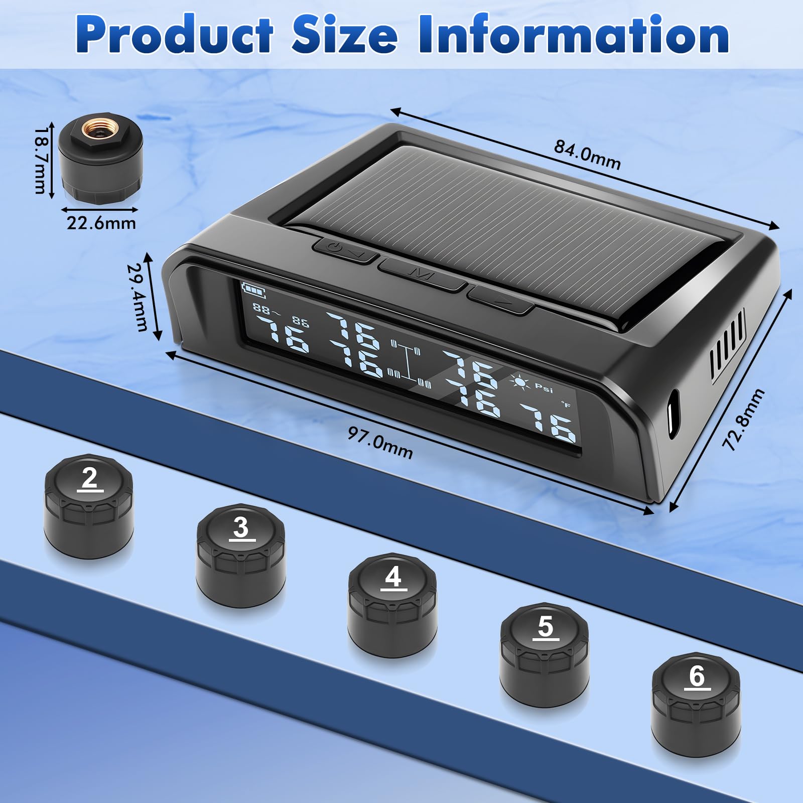 TPMS - Sistema de monitorización de la presión de los neumáticos con carga solar y USB con 6 sensores de presión de neumáticos, 5 modos de alarma, apto para coche, camión, caravana de 0 a 9,9