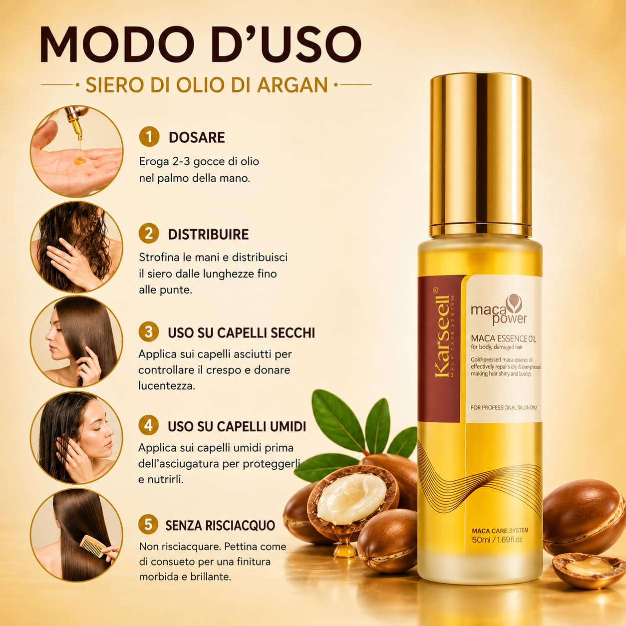 Karseell MACA CARE SYSTEM Siero per Capelli con Olio di Argan Idratante Riparatrice Anticrespo Brillantezza Capelli Secchi Danneggiati Colorati Ricci Lisci Punte Aperte Morbidi Senza Solfati 50ml