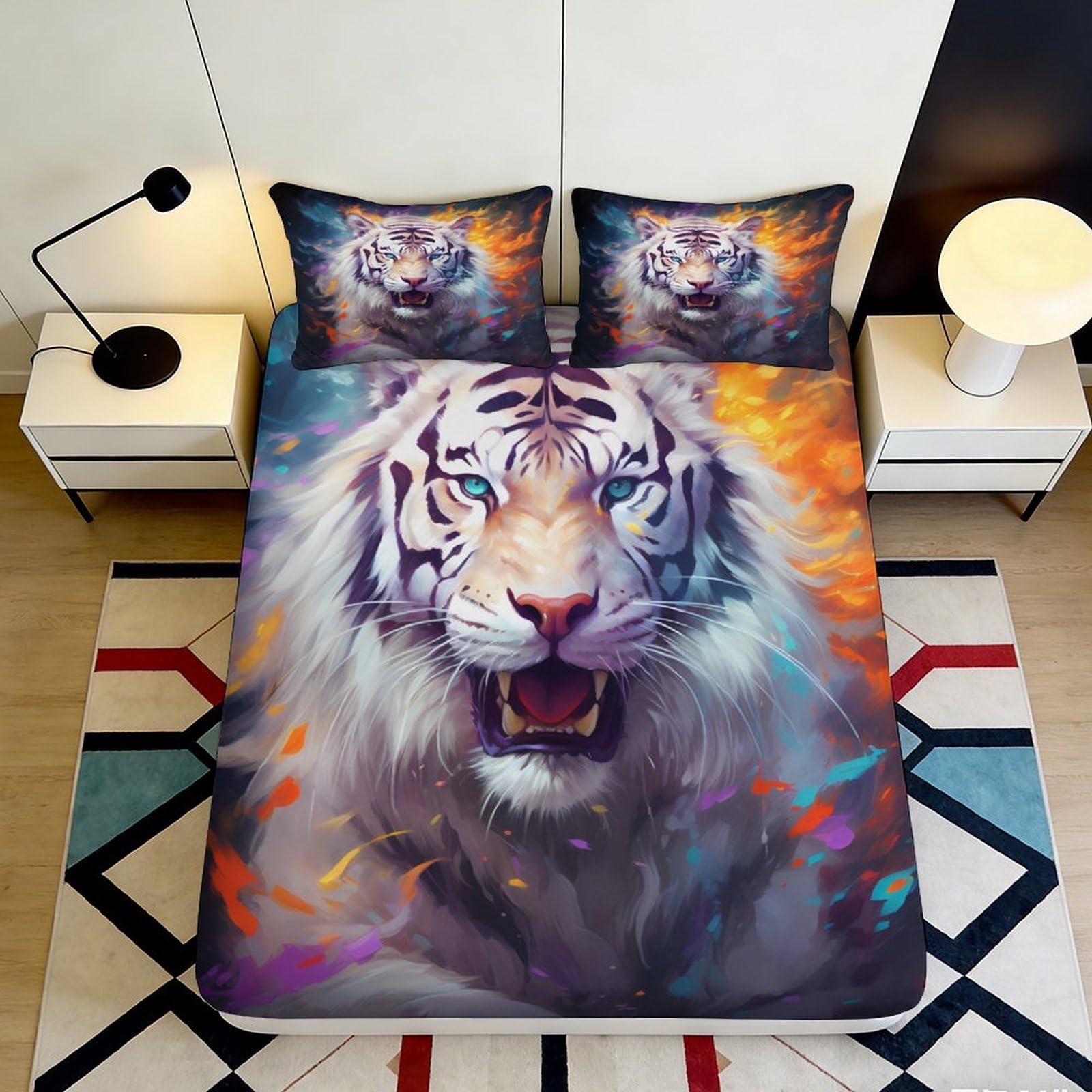 3D Printed Fierce White Tiger Fitted Sheet Microfiber Durable Soft Bedding Wild Animal Bed Cover for Bedroom Dormitory Guest Room Mattress Protection 140x200x25cm