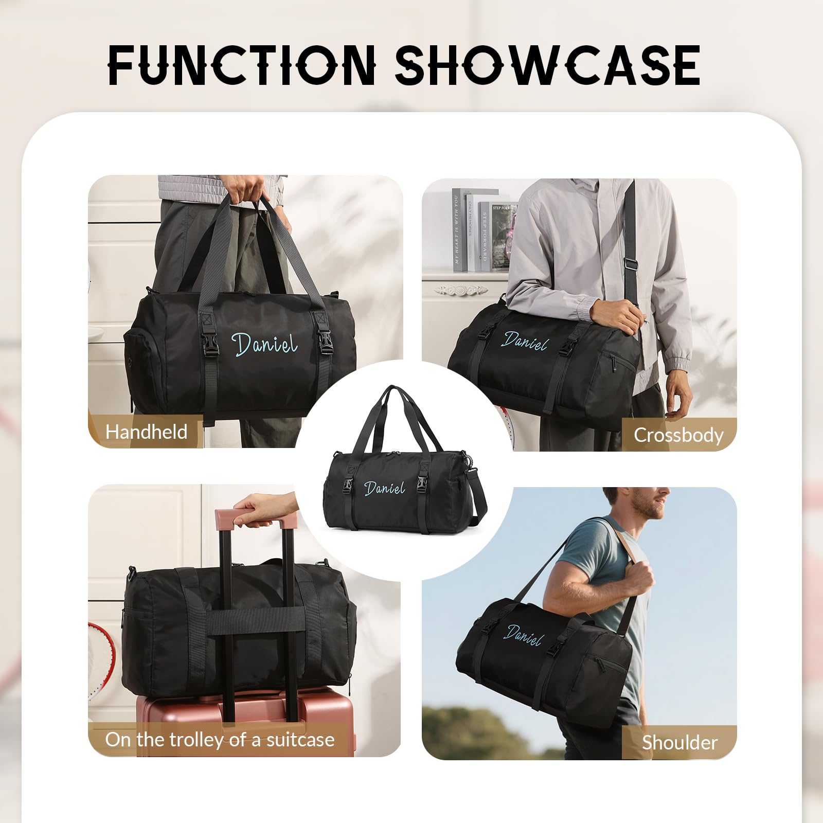 Borsa da Viaggio Personalizzata con Nome Borsa da Sportiva Yoga Grande Regali Personalizzati per Uomo Donne (nero)