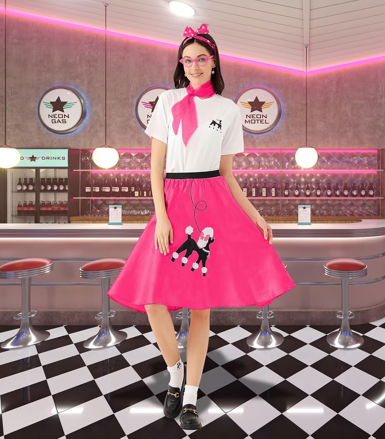 10Pcs Sock Hop Outfits Women, 1950s Poodle Skirts, T-Shirt with 50s Accessories Socks Scarf Headband Belt Earring - Image 2