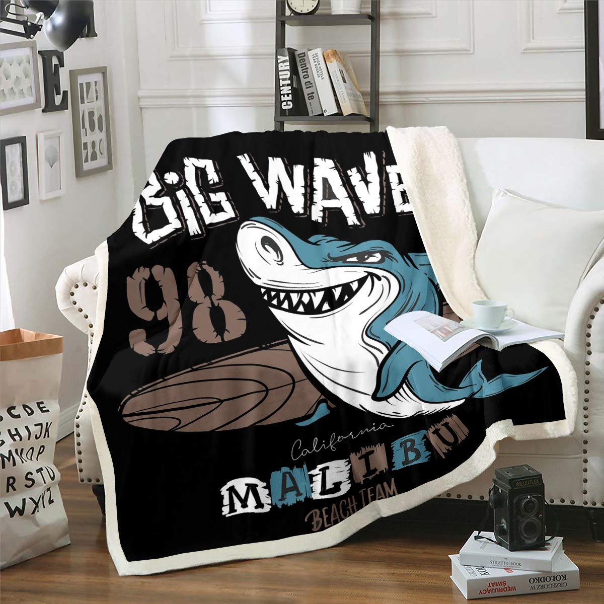Boys Shark Sherpa Throw Blanket for Sofa Couch Toddler Ocean Marine Theme Fleece Blanket Sea Surfing Sports Theme Plush Blanket Scary Creature Sealife Fuzzy Blanket Room Decor Double 60"x79" — image 1