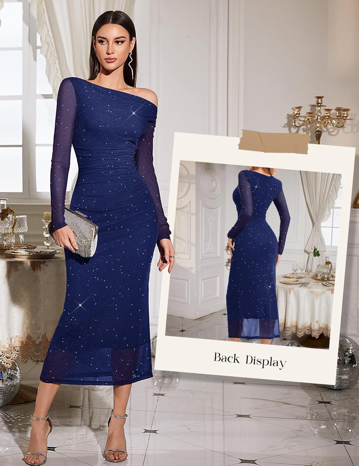 HomRain Women's Sparkly Mesh Maxi Summer Dress Long Sleeve Bodycon Dresses for Wedding Guest Outfit - Image 3