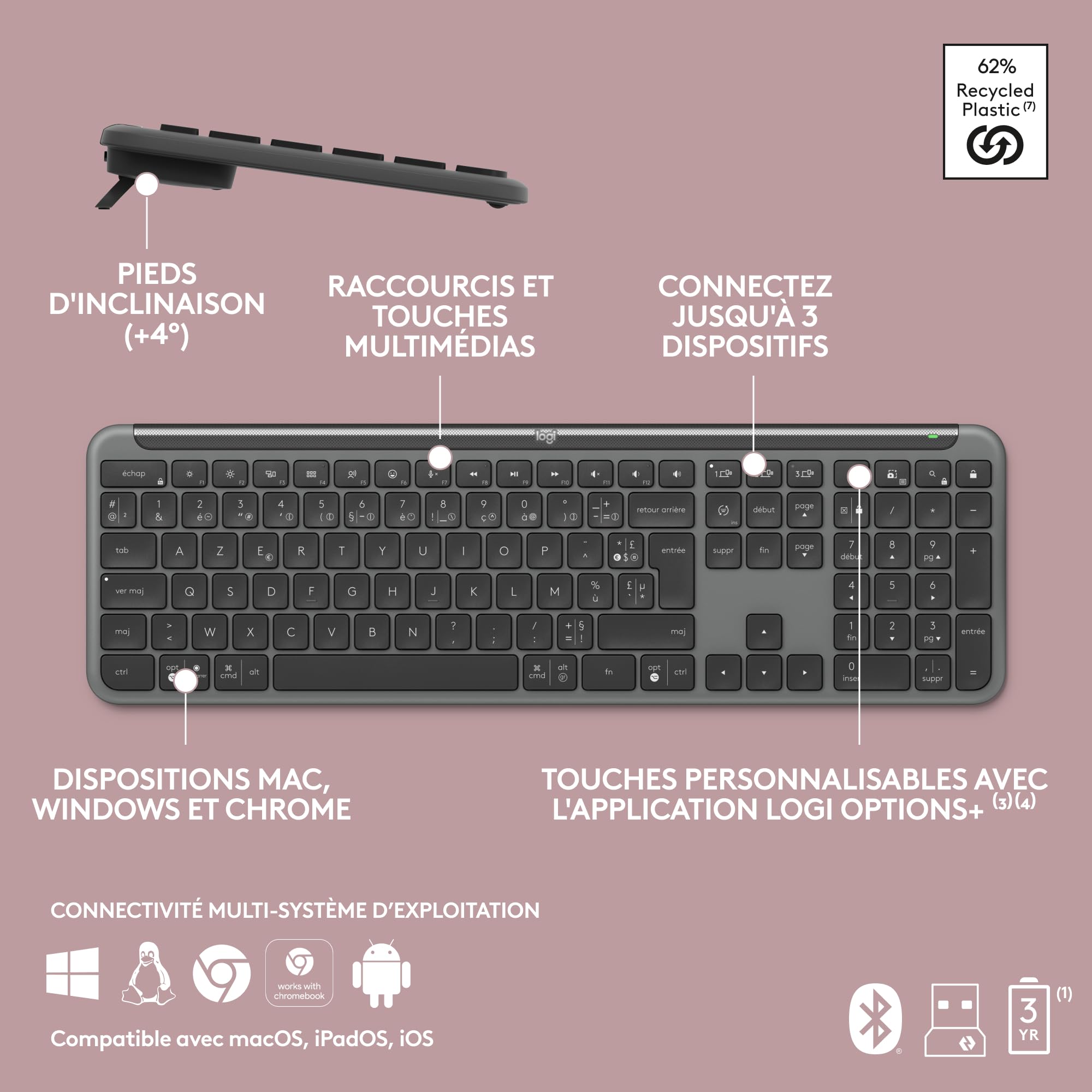 Logitech Signature Slim K950, clavier sans fil, design élégant, saisie sur plusieurs dispositifs, frappe discrète, Bluetooth, multi-systèmes d’exploitation, Windows, Mac, Chrome, FRA AZERTY, Graphite