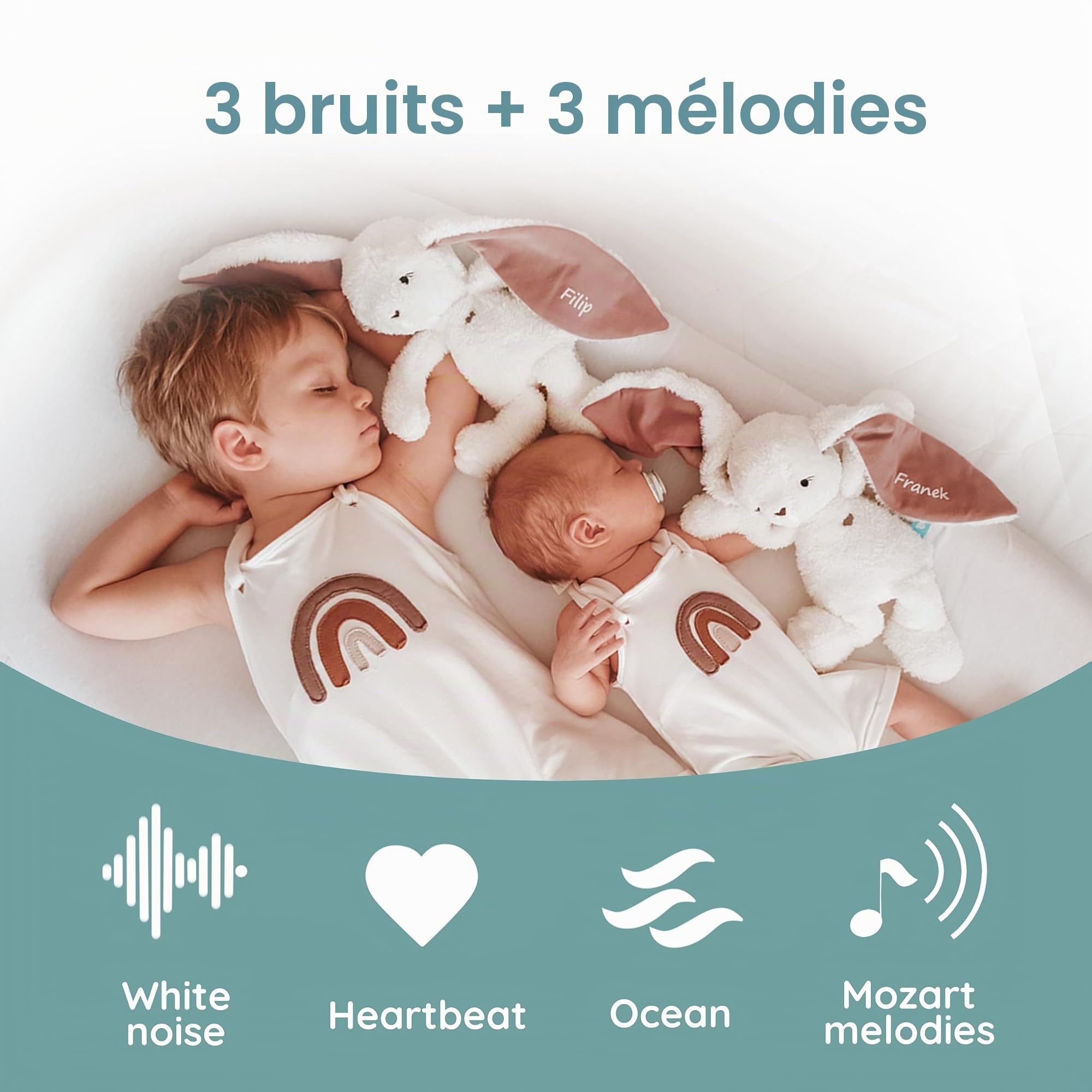 myHummy Bunny écru-rose peluche bruit blanc avec application et capteur de sommeil