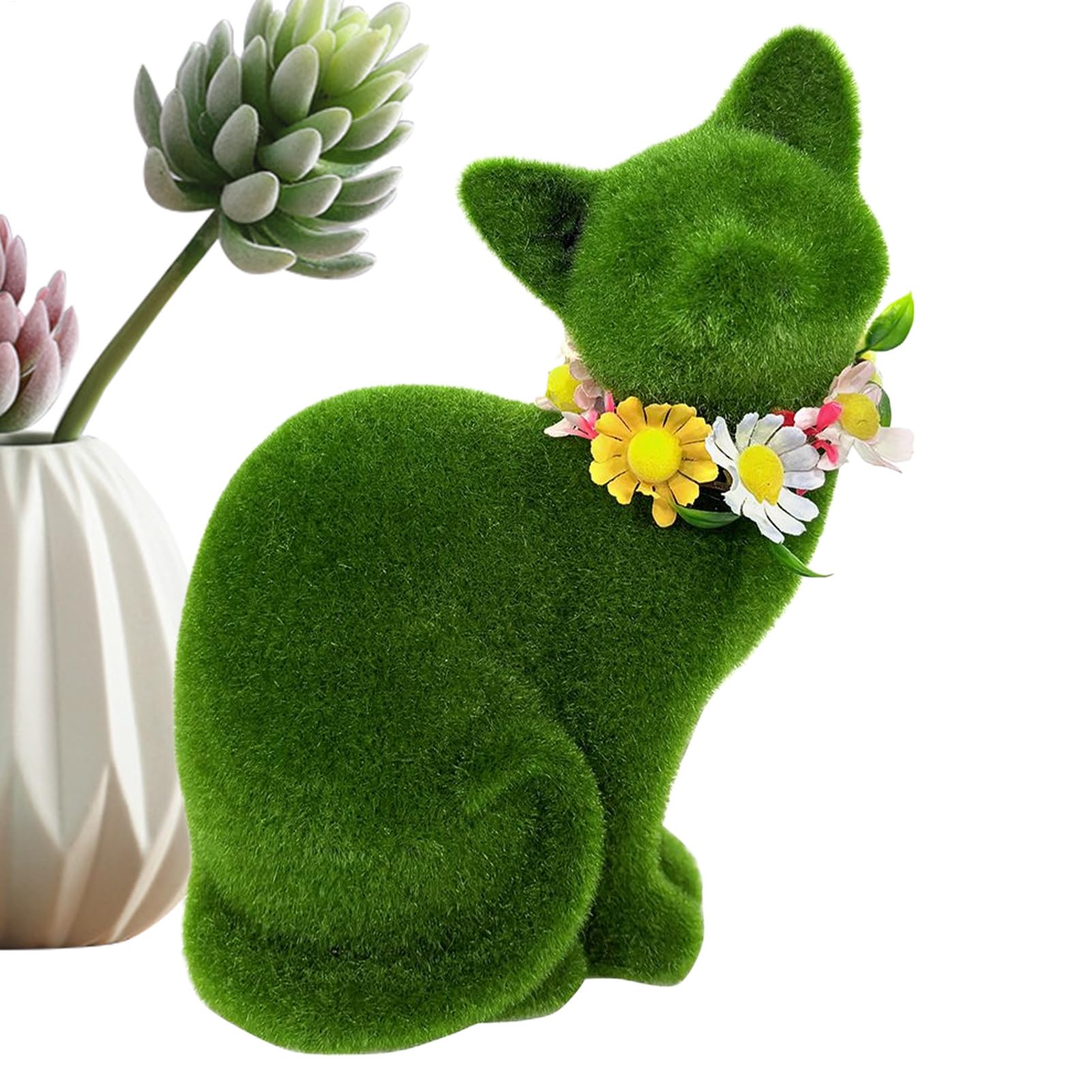 Statue chat flocké décoration jardin extérieur effet mousse verte pour pelouse
