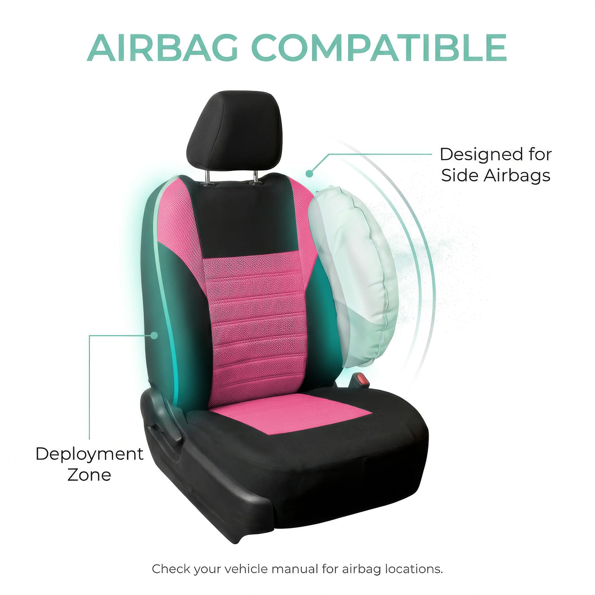FH GROUP Set di coprisedili anteriori per auto 3D Air Mesh di alta qualità, compatibili con airbag, rosa e nero, accessori per interni universali per auto, camion e SUV