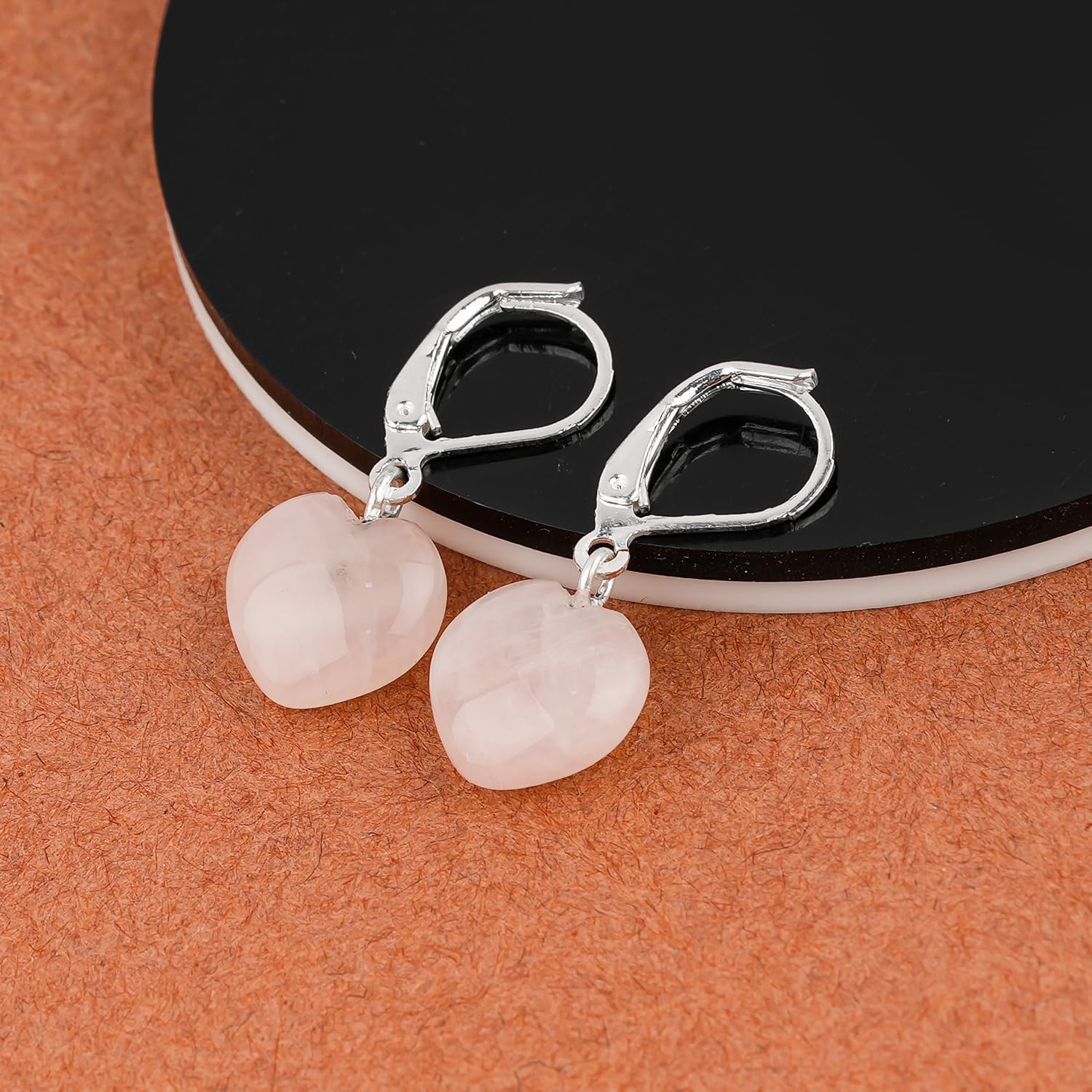 Puffy Gemstone Heart Dangle Earrings – 12mm Crystal Hearts on Hypoallergenic Silver Plated Leverback Hoops – Handmade Drop Earrings for Women, Healing Jewelry Gift - Image 2