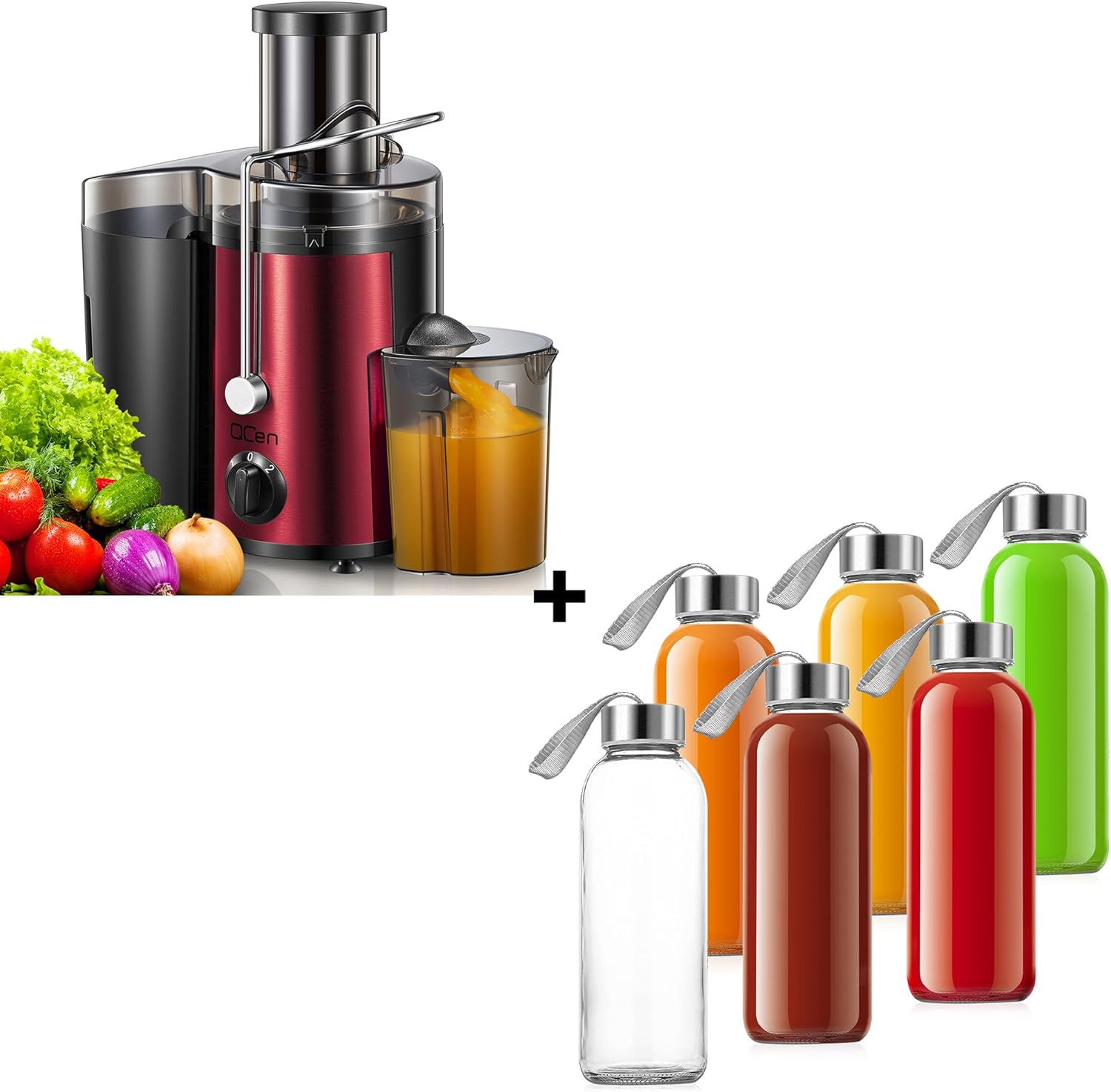 QCen Centrifugal Juicer Machine Metallic Red and 6PCS Glass Bottle Bundle
