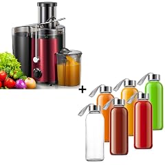 QCen Centrifugal Juicer Machine Metallic Red and 6PCS Glass Bottle Bundle