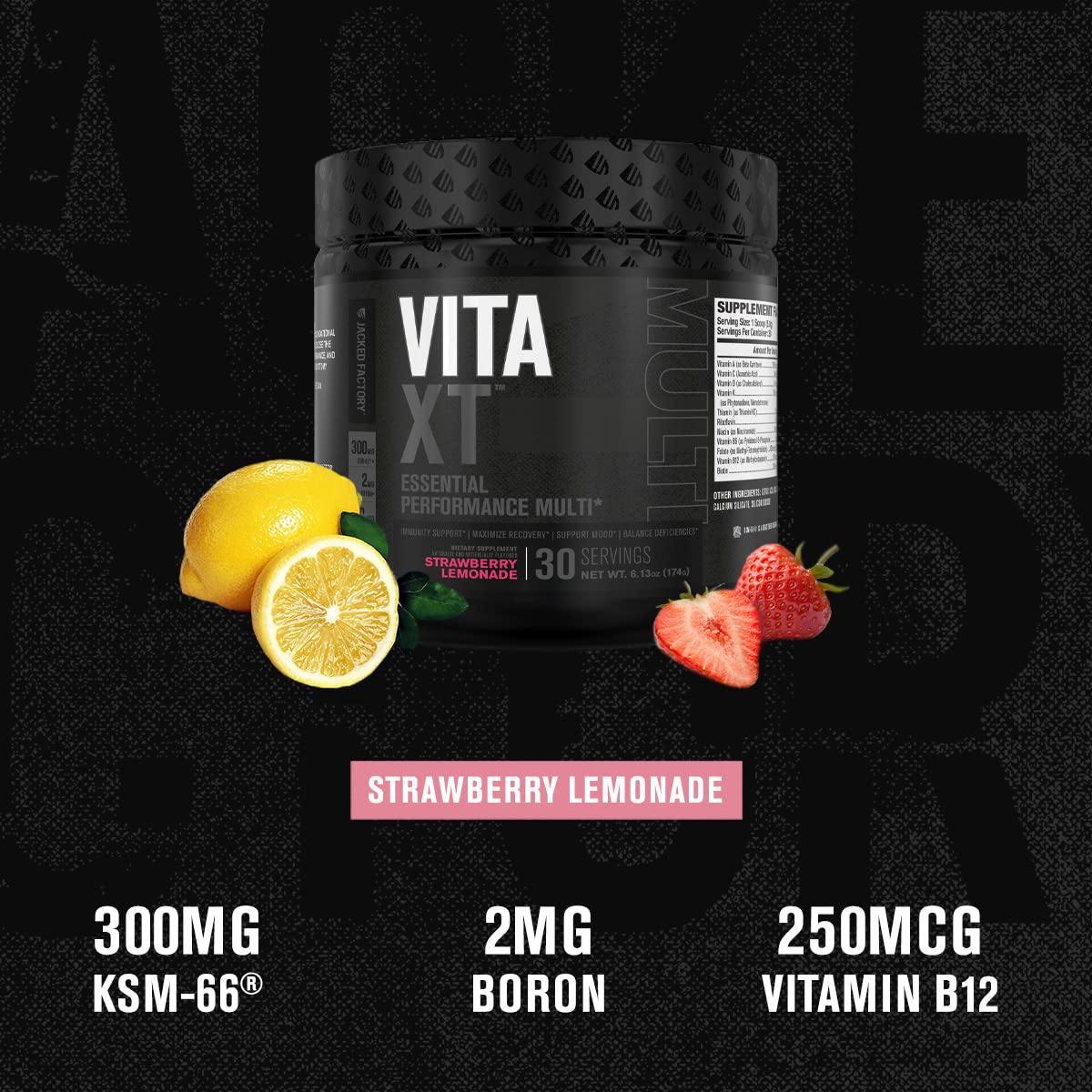 Jacked Factory Vita XT Performance Vitamin Powder - Daily Multivitamin Powder for Men with KSM-66 Ashwagandha, Prebiotic Fiber, Vitamin A, C, D, K, B6, B12, & More - Strawberry Lemonade, 30Sv — Amazon image 2