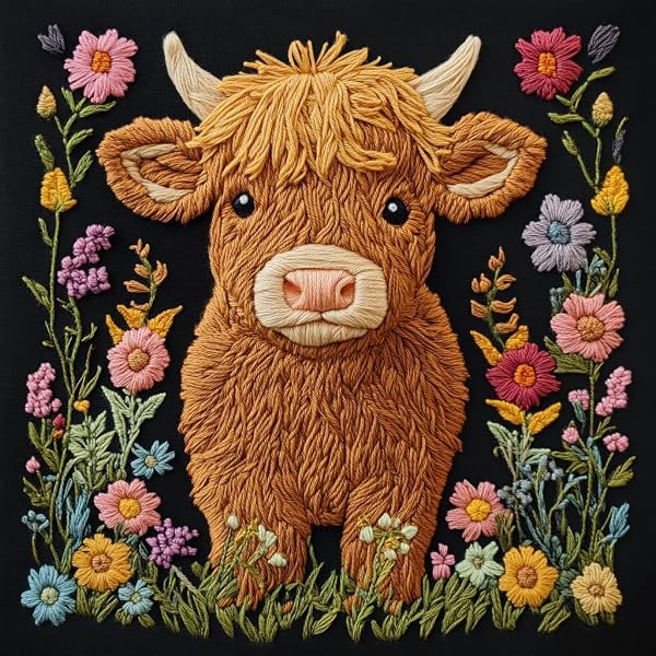 DIY Punch Needle Kits Highland Cow in Flowers